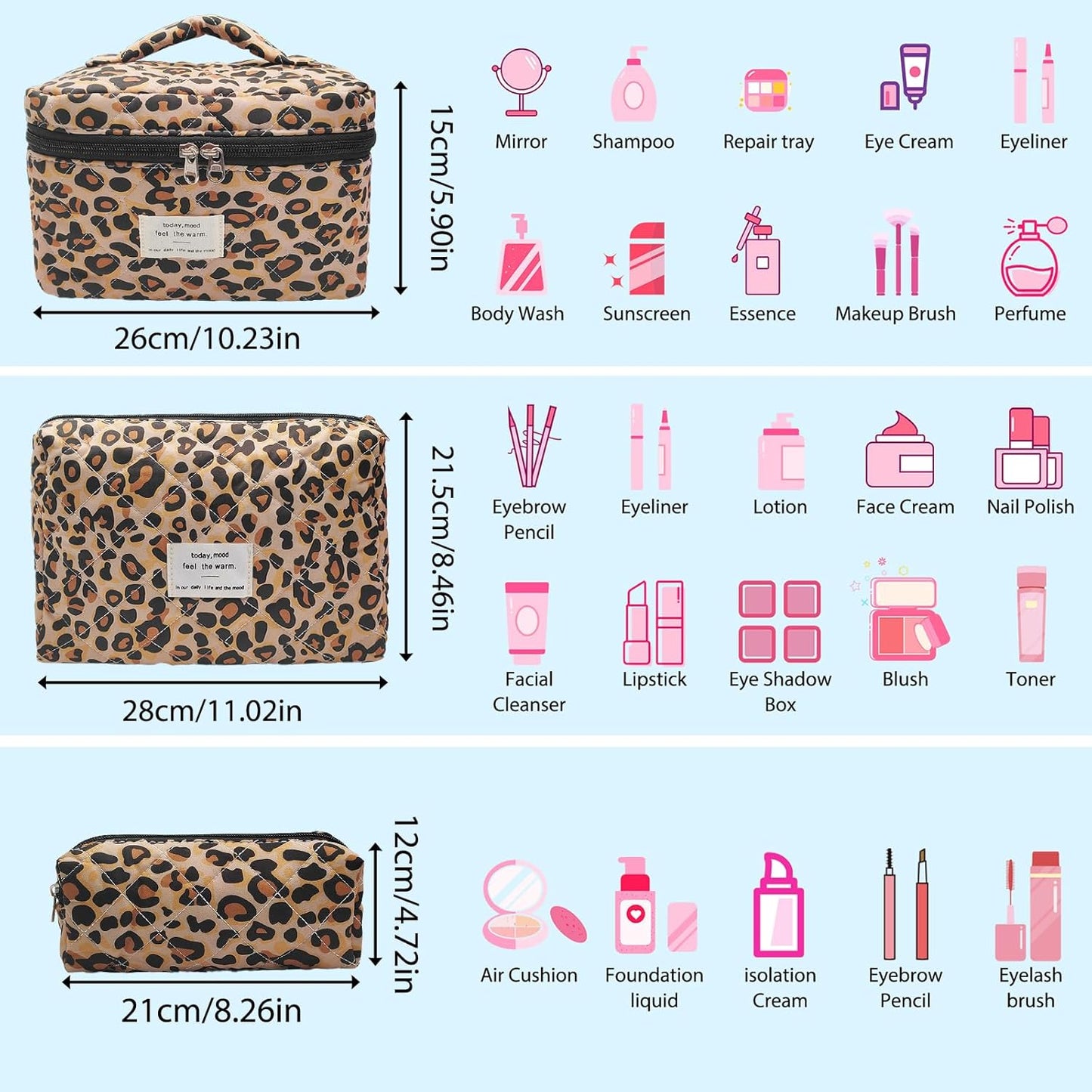 Quilted Makeup Bag, Large Capacity Travel Cosmetic Bag for Women and Girls, Aesthetic Storage for Daily and Travel Use (3pcs-Classicleopard)