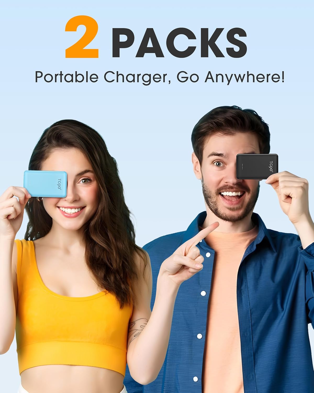 TG90° 2 Pack 5000mAh Power Bank,Small Portable Charge Built-in AC Plug and Cables,Pocket Size USB C External Battery Pack Compatible with iPhone 17 16 15 14 13 12 Samsung Google iPad,Black & Blue
