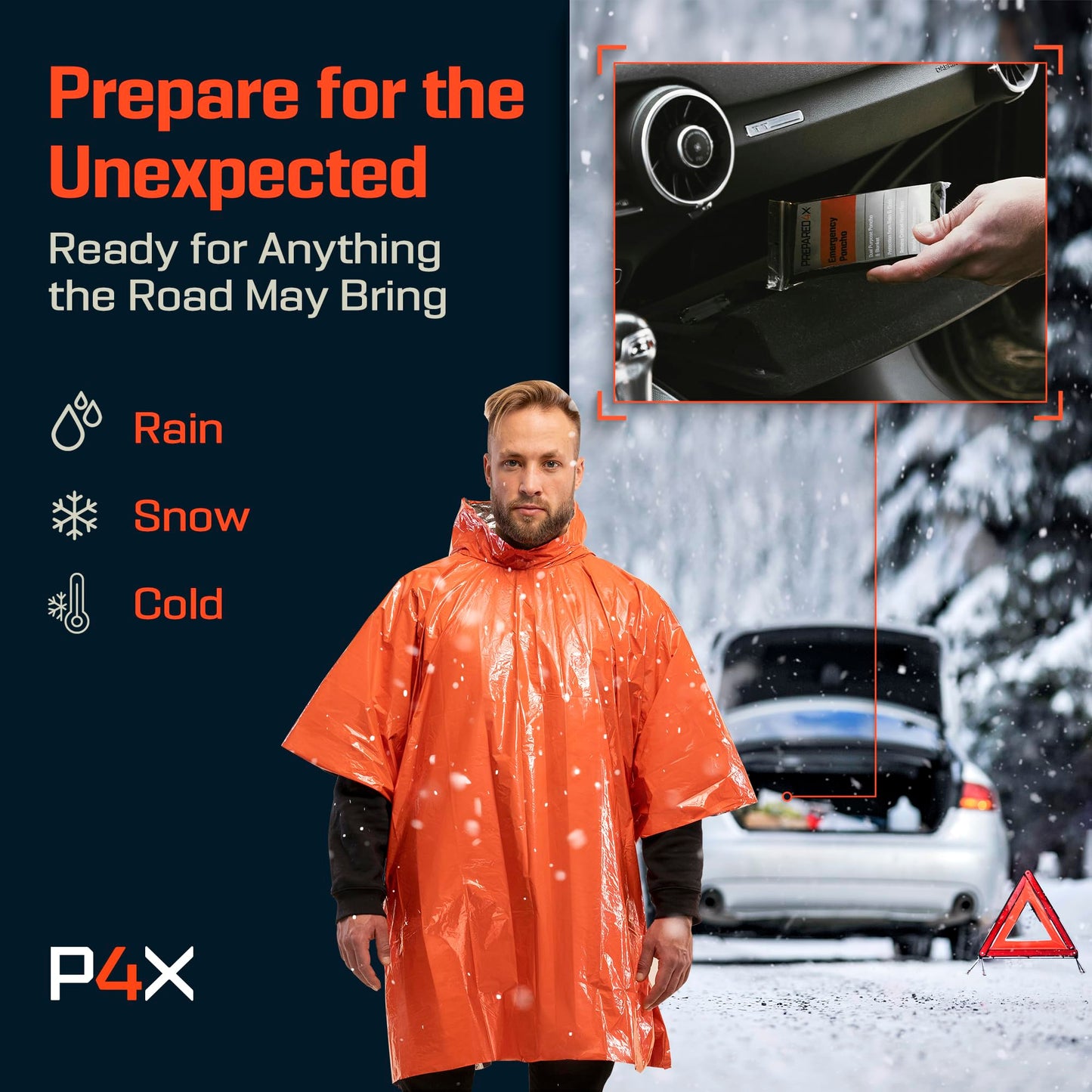 PREPARED4X Emergency Mylar Poncho – Survival Rain Poncho with Hood – Lightweight, Compact, Reusable