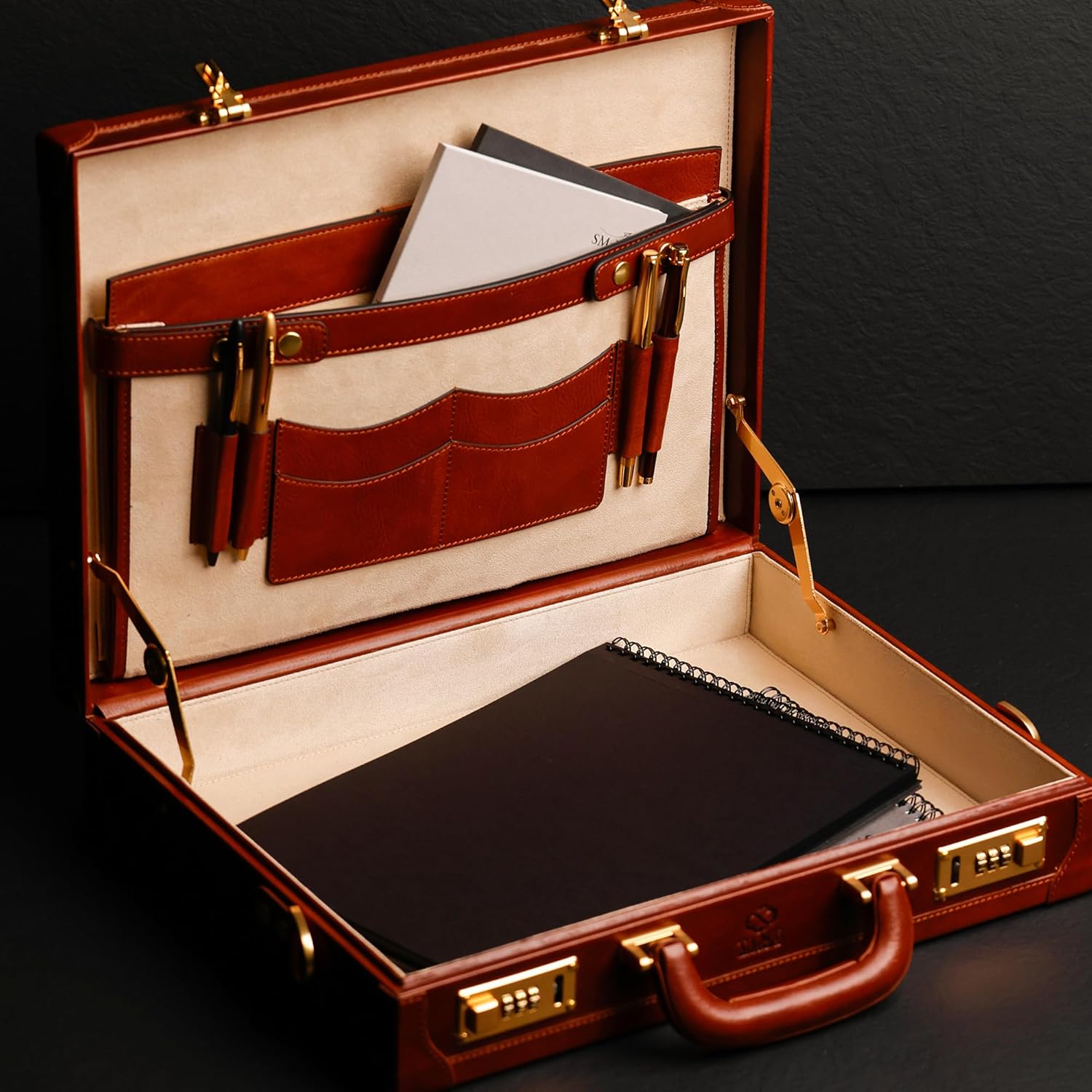 Time Resistance Leather Attache Case - Full Grain Italian Leather Briefcase - Laptop Bag up to 15”