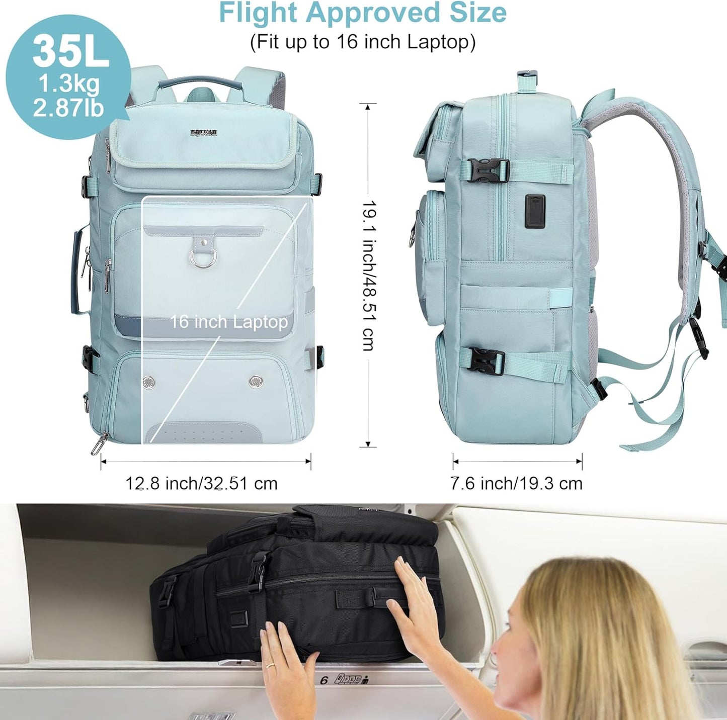 PIJUSHI Carry on Travel Backpack for Women Convertible Duffel Bag Backpack Large Luggage Rucksack Fit 16 Inch Laptop(PE039 Blue)