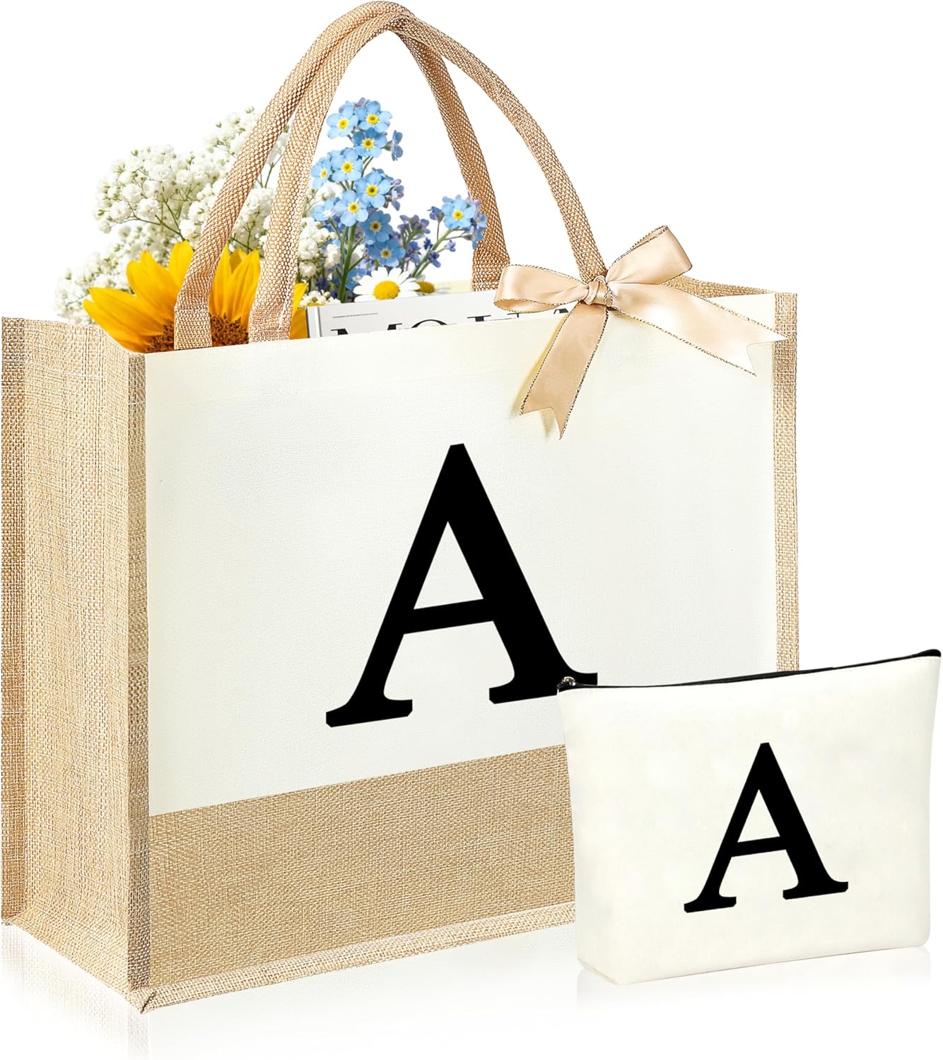 Initial Canvas Tote Bag & Makeup Bag for Women Teacher Bridesmaids，Personalized Present for Wedding, Birthday, Beach