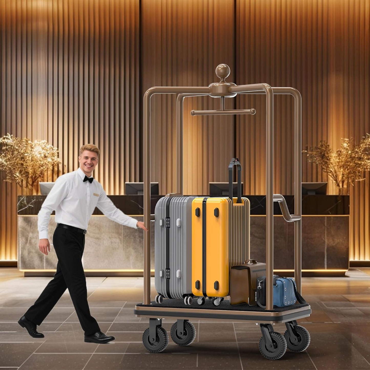 Hotel Luggage Cart,1500 lbs Bellman Trolley, 47"x25"x77" Brushed Stainless Steel, 8" Silent Rubber Pneumatic Wheels, Nylon Carpet Deck Bumper Rails – for Hotels, Resorts & Condos (Spherical top)