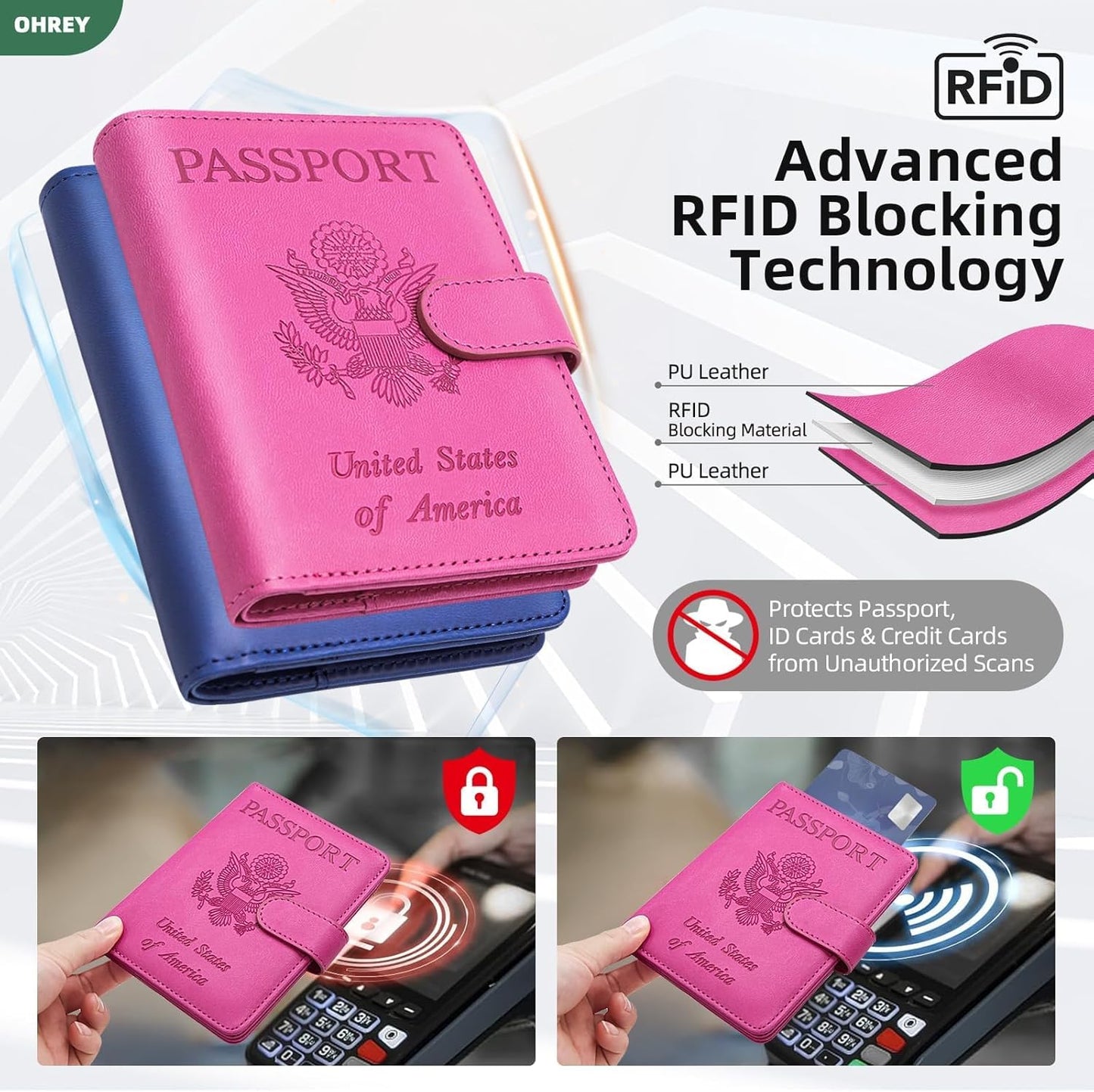2 Pack Passport Holder for Travel with Slot for Tracker Device & Luggage Tag Cover, RFID Blocking Passport Holder for Women & Men | PU Leather Passport Cover Case with Pocket, Blue & Pink