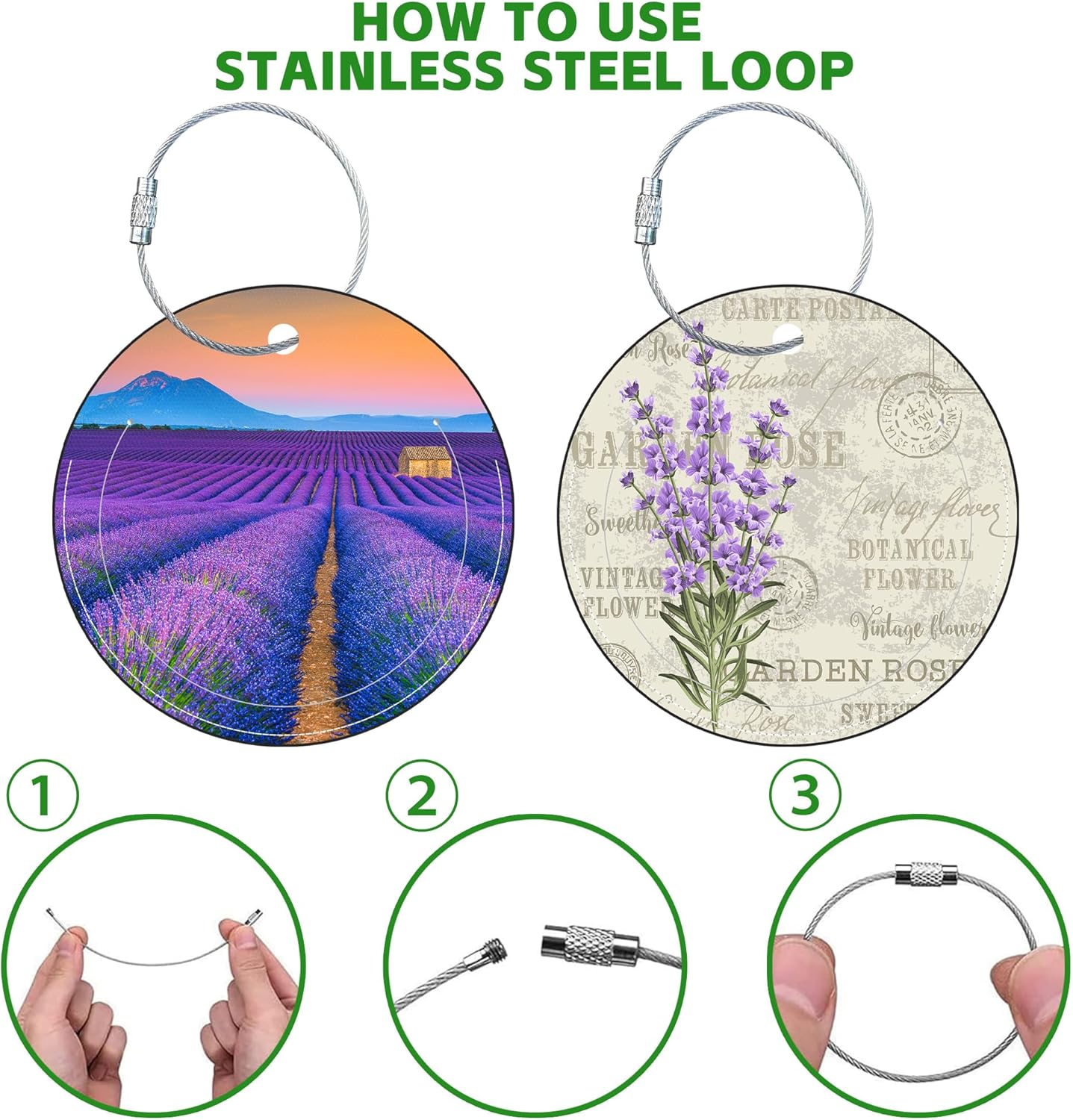 Round Cute Luggage Tags 2 Pack Beautiful Purple Lavender Creative Baggage Tags,Cruise Travel Baggage Suitcases Tag with Stainless Steel Loop ID Tag Privacy Flap