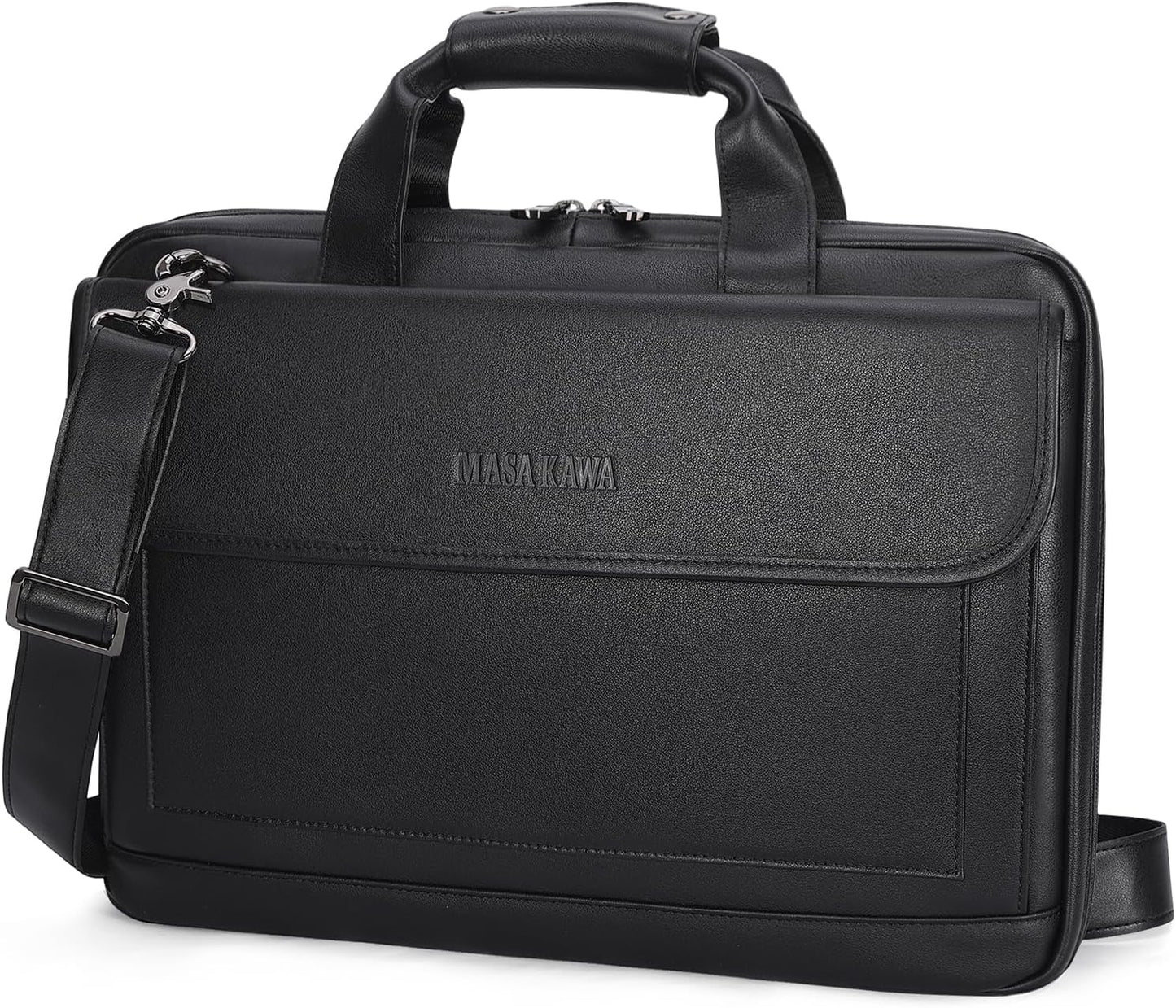 Masa Kawa Leather Briefcase for Men Slim 15.6" Laptop Bag Waterproof Crossbody Shoulder Messenger Computer Attache Case for Business Work, Black
