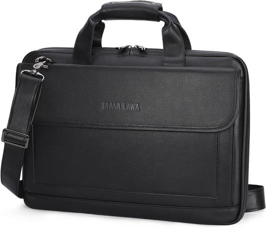Masa Kawa Leather Briefcase for Men Slim 15.6" Laptop Bag Waterproof Crossbody Shoulder Messenger Computer Attache Case for Business Work, Black