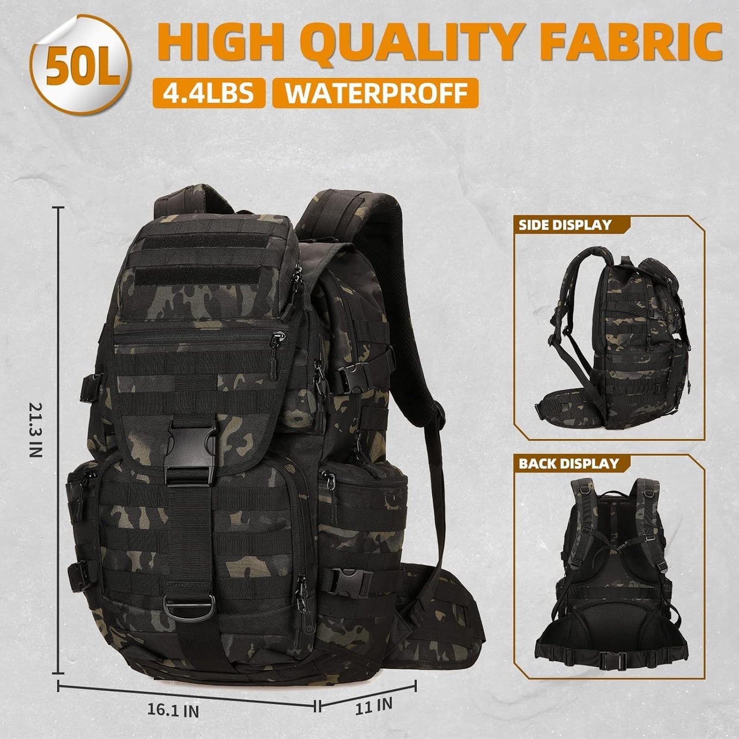 50L Military Tactical Backpack 3 Day Assault Pack Molle Daypack Hiking Backpack for Men and Women (Black Tie-Dye)