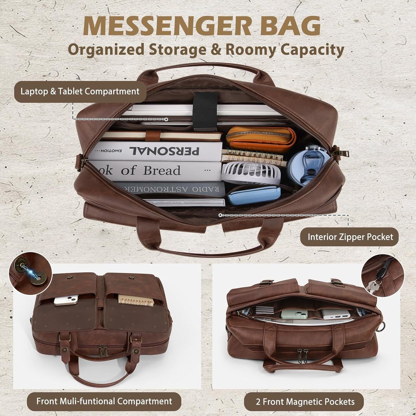 RAINSMORE Messenger Bag for Men 16 Inch Leather Laptop Bags Work Computer Briefcase Vintage Mens Satchel Shoulder Bag for Work, Office, Business, Travel, Brown