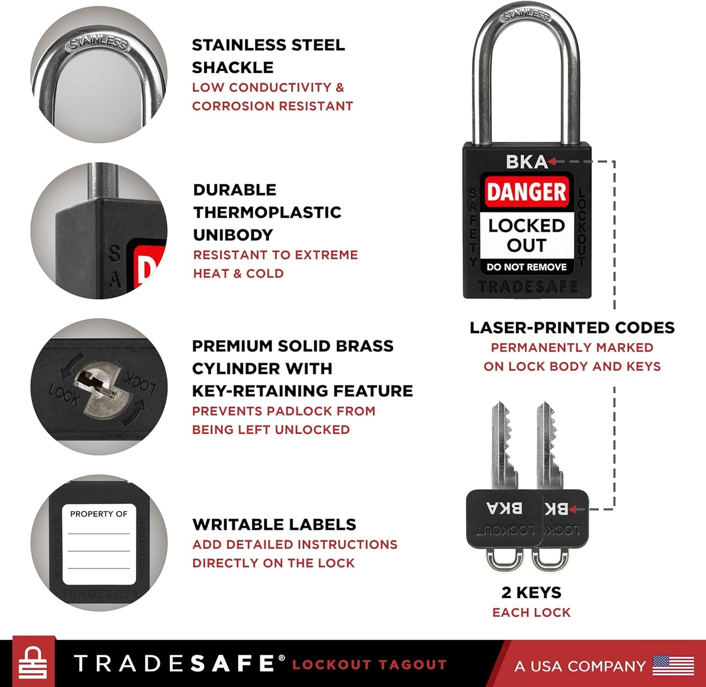 TRADESAFE Lockout Tagout Lock Sets, 10 Black Keyed Alike Unlimited Grouping Safety Padlocks, 2 Keys Per Lock, OSHA Compliant Loto Locks