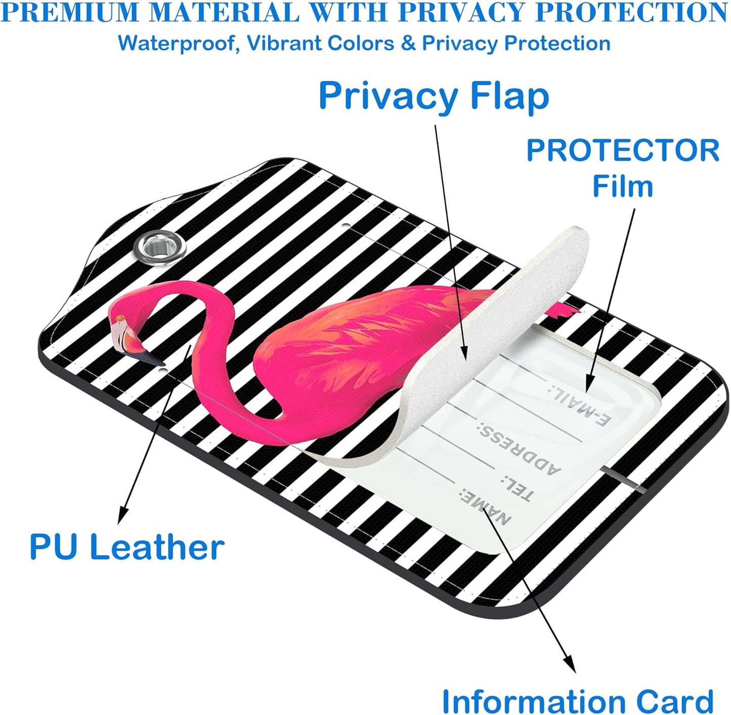 2 Pack Pink Flamingos Luggage Tags PU Leather Suitcase Tags with Stainless Steel Loop Privacy Cover ID Label for Women Men Travel Bag Accessories