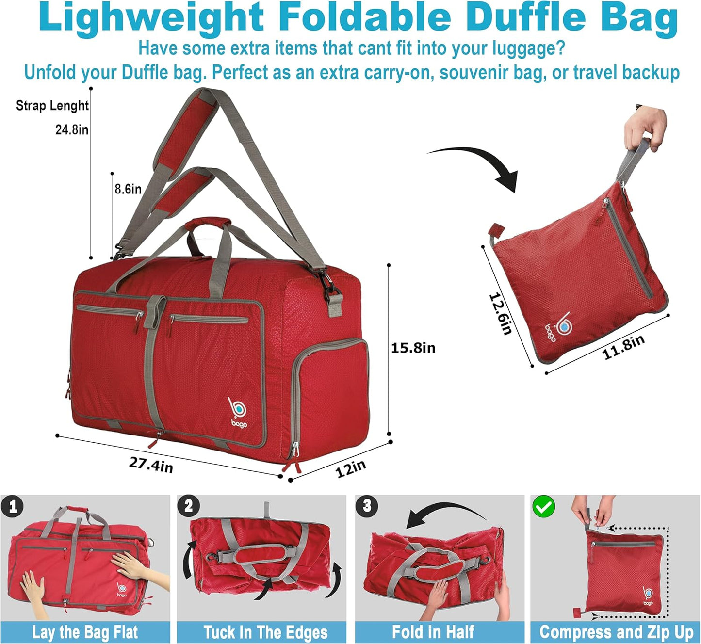 Bago Foldable Duffel Bags for Traveling Women & Men - 60L Medium Packable Duffle Bag for Travel with Shoe Compartment - Water Repellant, Heavy Duty, Lightweight Folding & Collapsible (Red)