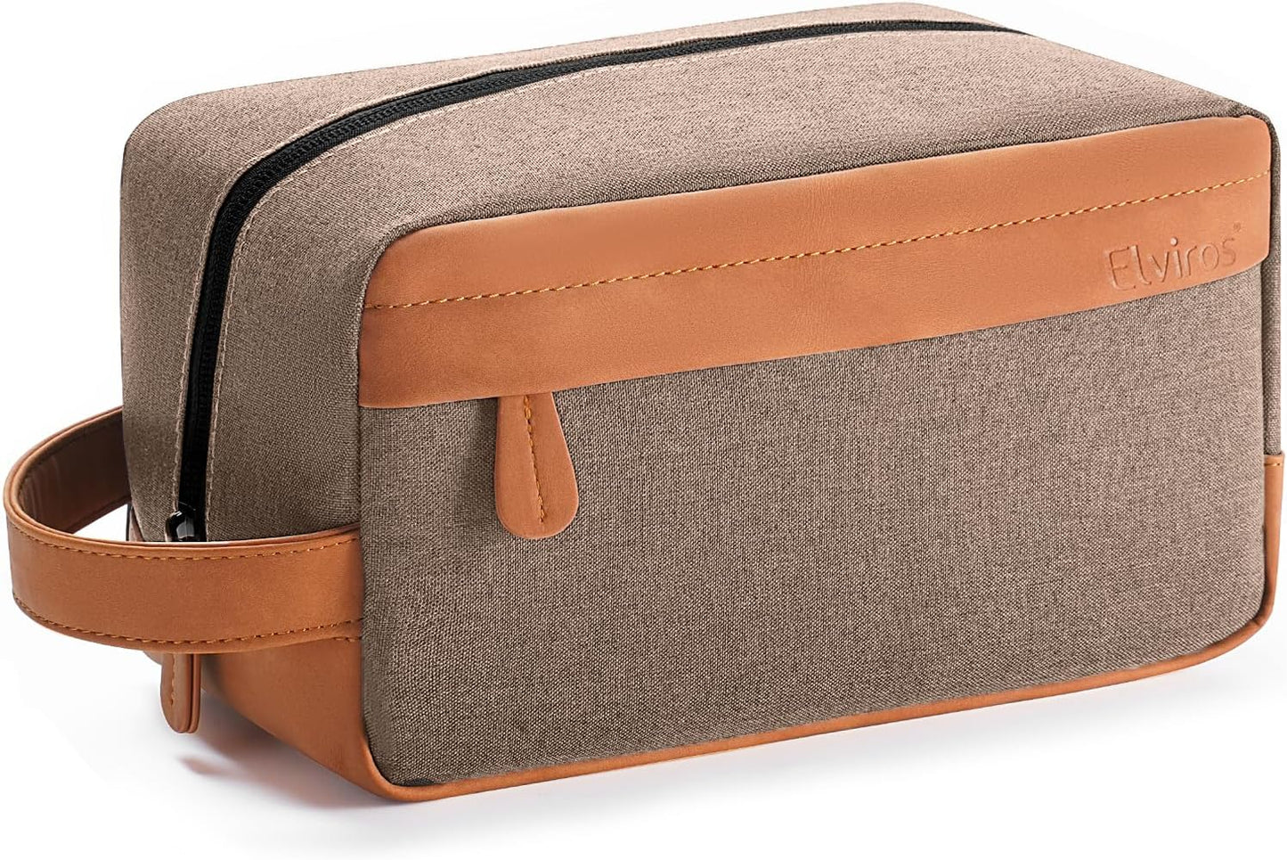 Elviros Travel Toiletry Bag for Men Hanging Dopp Kit Water Repellent PU Leather Shaving Bag with Large Capacity for Travel and Bathroom, Khaki