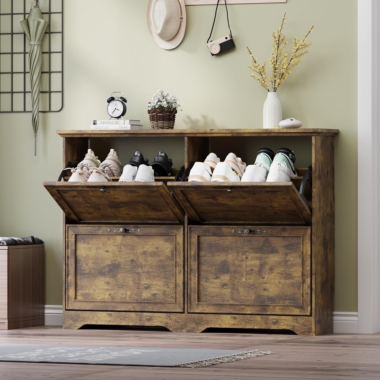 Large Shoe Cabinet for Entryway, 4 Flip Drawer Organizer with Adjustable Shelves, Wooden Slim Shoe Storage Cabinet and Rack for Closet, Hallway, Foyer
