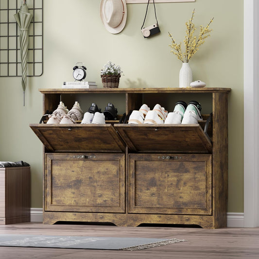 Large Shoe Cabinet for Entryway, 4 Flip Drawer Organizer with Adjustable Shelves, Wooden Slim Shoe Storage Cabinet and Rack for Closet, Hallway, Foyer