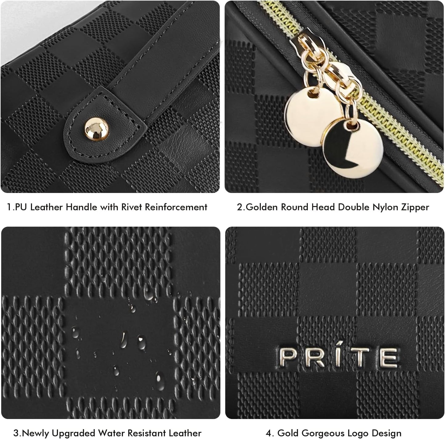 Prite Makeup Bag for Women Travel Waterproof Vegan Leather Cosmetic Bag Open Flat Toiletry Bag With Clear Divider and Handle (Plaid Black)