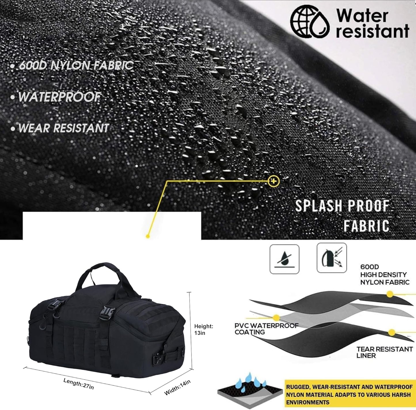 Gym Bag Duffle Bags Backpack Travel Duffle Bag with Weekend Overnight Bag for Outdoor Tactical Sports Travel Camping Hunting (Black, 80L)