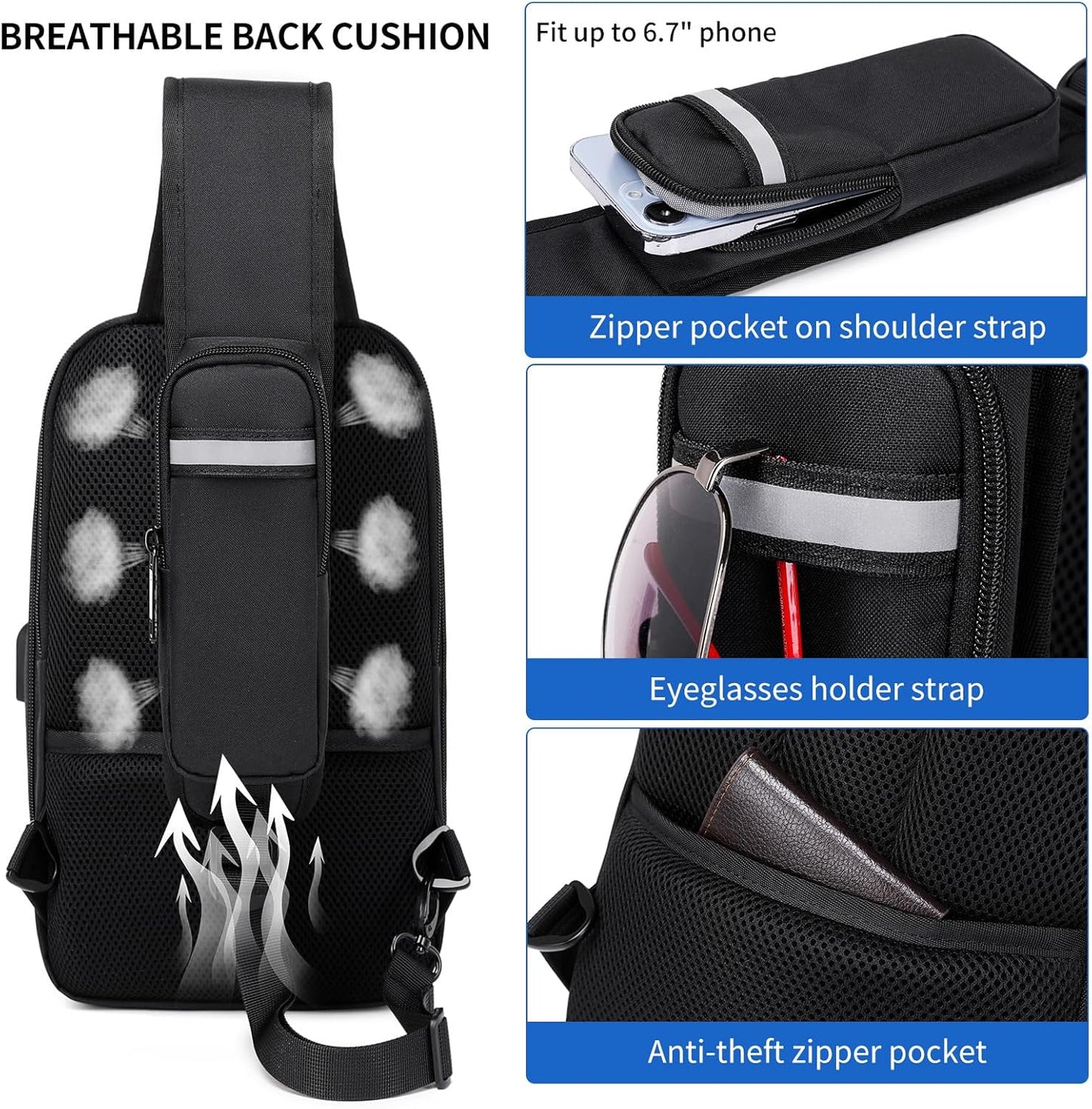 DUSLANG Crossbody Sling Backpacks for Men, Casual Shoulder Backpack Daypack Chest Bags with USB Charger Port For Camping Biking Travel Cycling