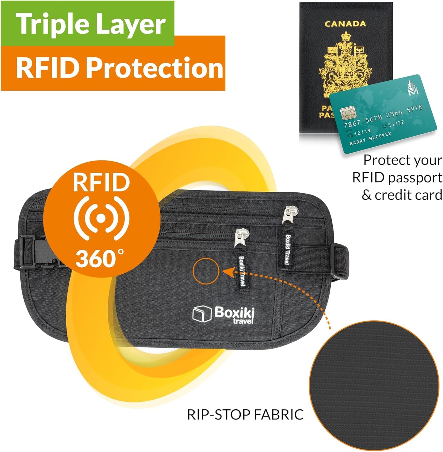 Boxiki Travel Money Belt with RFID Sleeves Set - Secure Travel Pouch and RFID Card Holder to Protect Cash, Credit Cards and Travel Documents for Men and Women