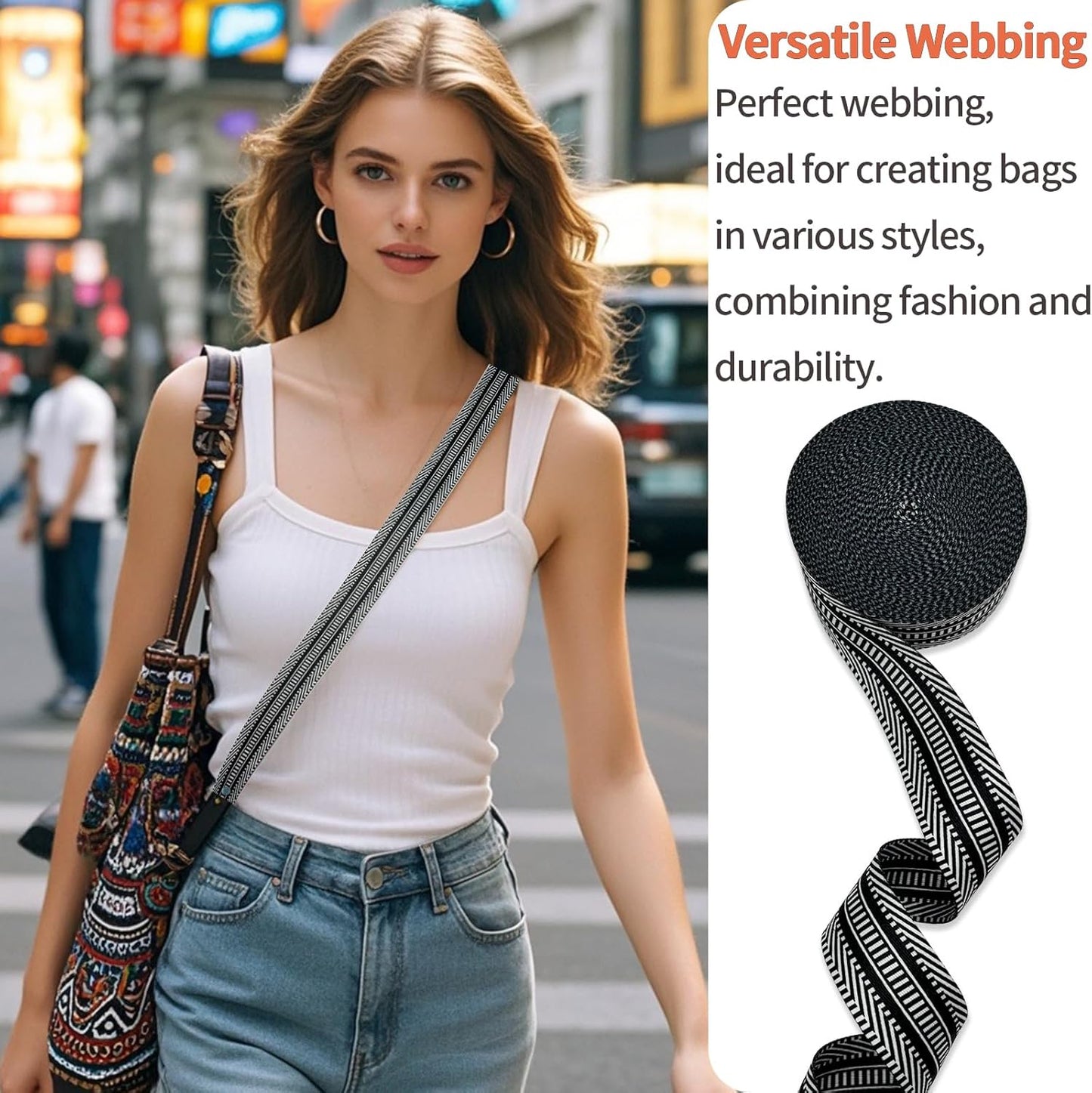 1.5 inch Printed Nylon Webbing Straps for Bags with Buckle 1 1/2 inch 6 Yards Black Strips Thick Patterned Fabric Webbing Luggage Handle Ribbon for Backpack-Home Deco-Clothing-Sewing-DIY Crafts