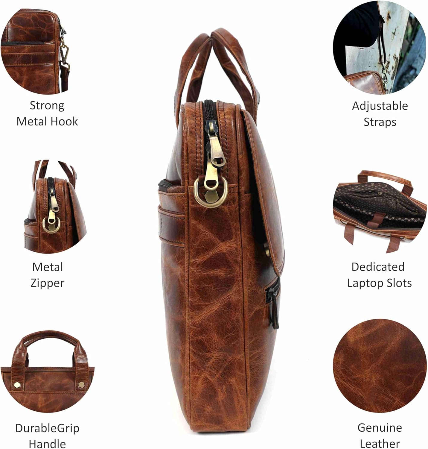 Mens Laptop Bag 16 Inch Waterproof Vintage Leather Shoulder Office Crossbody Bag With Ajustable Straps Metal Grip