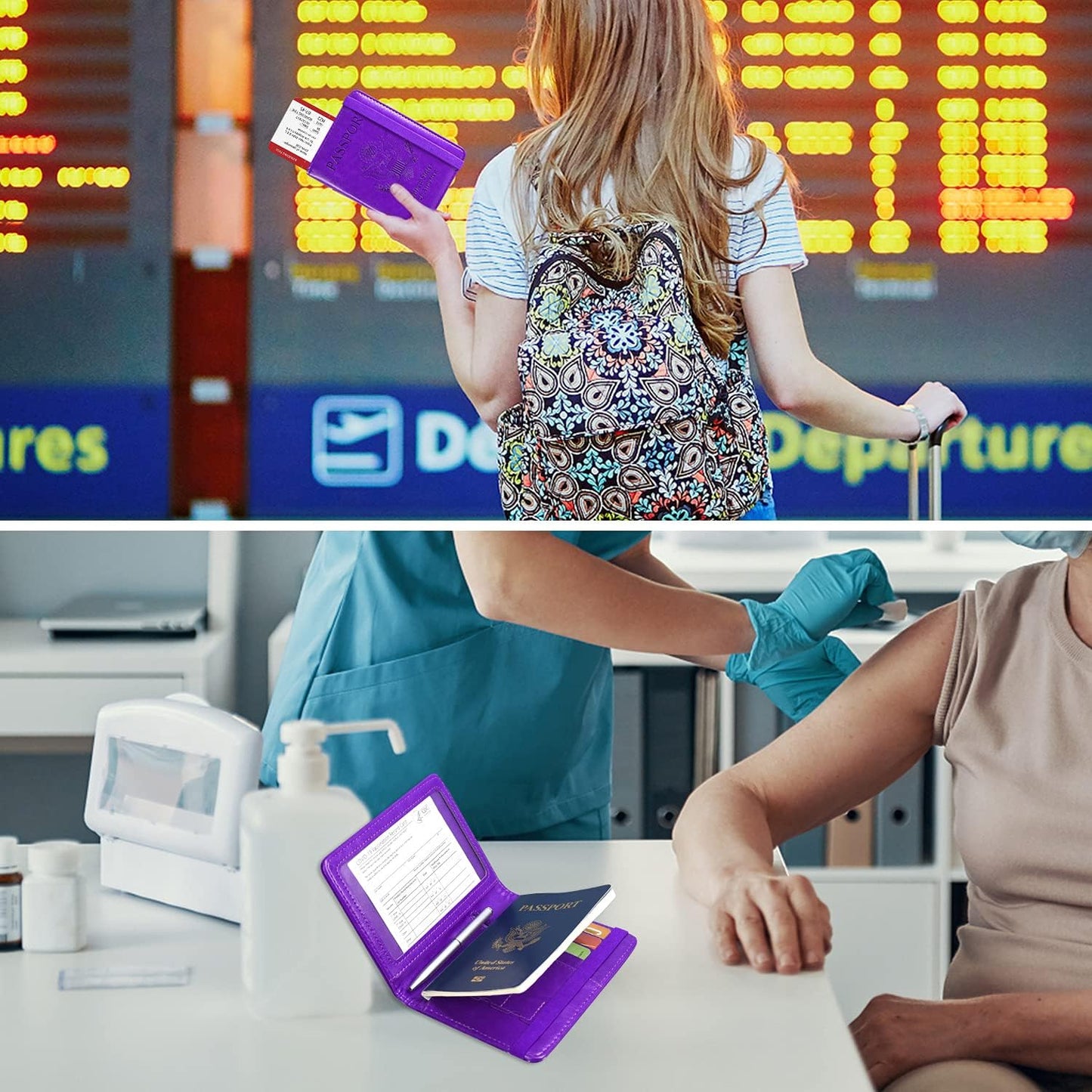 ACdream Unisex Purple Faux Leather Passport and Vaccine Card Holder with RFID Blocking, 8.5" x 6"