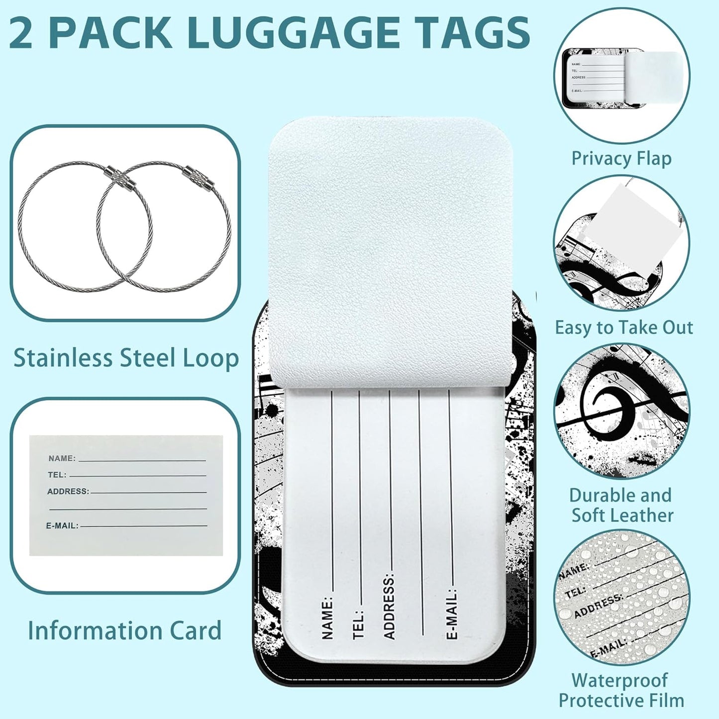 2 Pack Cute Luggage Tag for Suitcases Music Notes Leather Luggage Tags with Stainless Steel Loop Privacy Flap Name Tags,Men and Women Travel Bag Suitcase Tags
