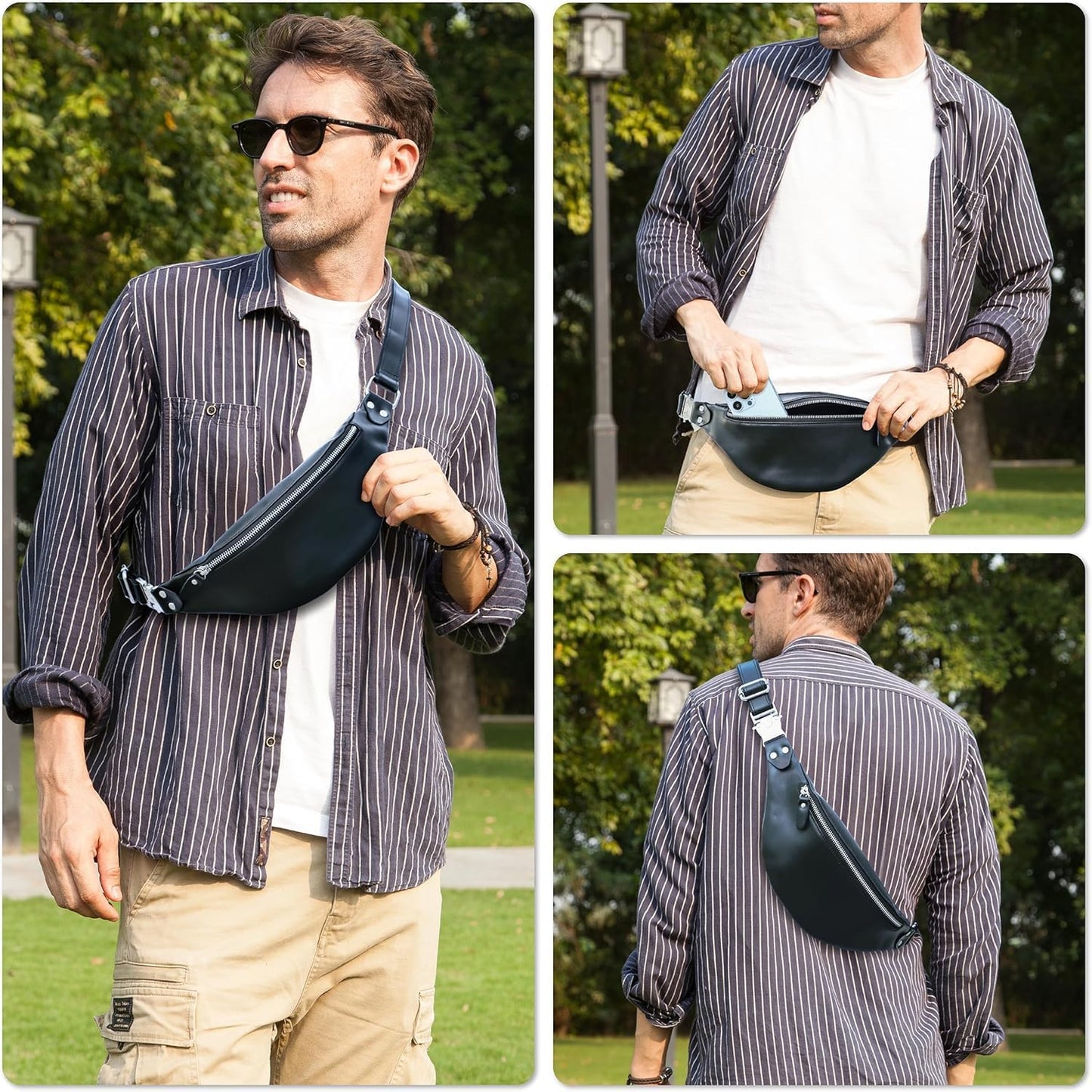 Slim Genuine Leather Waist Pack for Men Women Vintage Crossbody Fanny Pack Travel Riding Detachable Belt Bag (Glossy Black)
