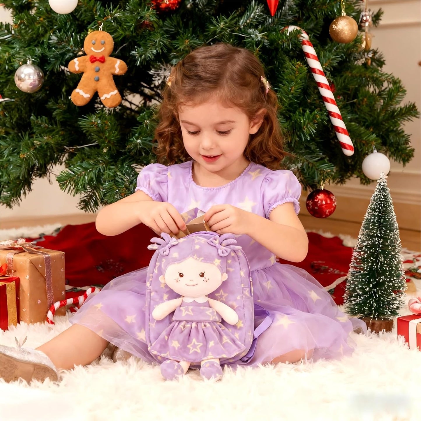 Onetoo Toddler Backpacks Back to School Gifts for Girls Kids Backpack with Soft Tanned Baby Dolls in Purple Star Dress 9"