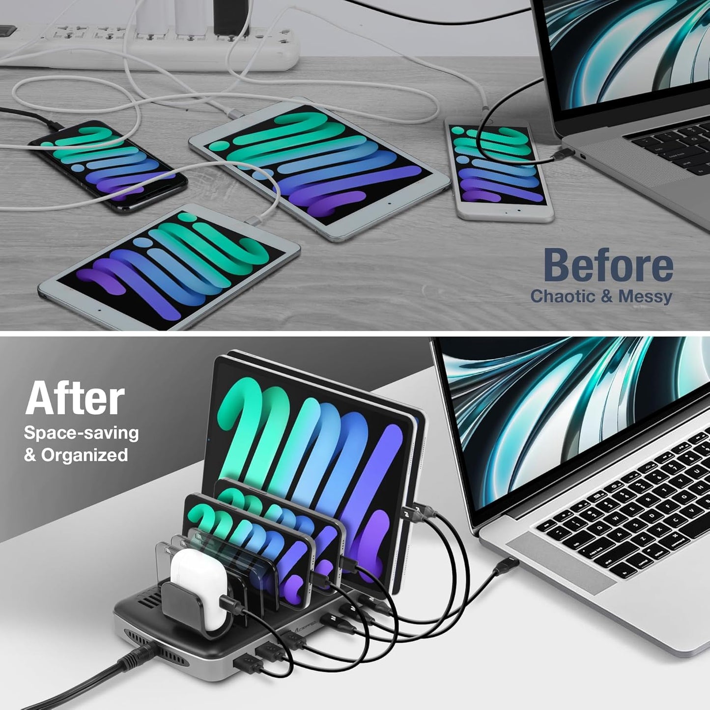160W 6-Port USB-C and USB-A Charging Station Organizer with 140W PD 3.1 – Includes Cables – for MacBook, iPhone, iPad, AirPods, Smartphones, Tablets, and Gaming Devices
