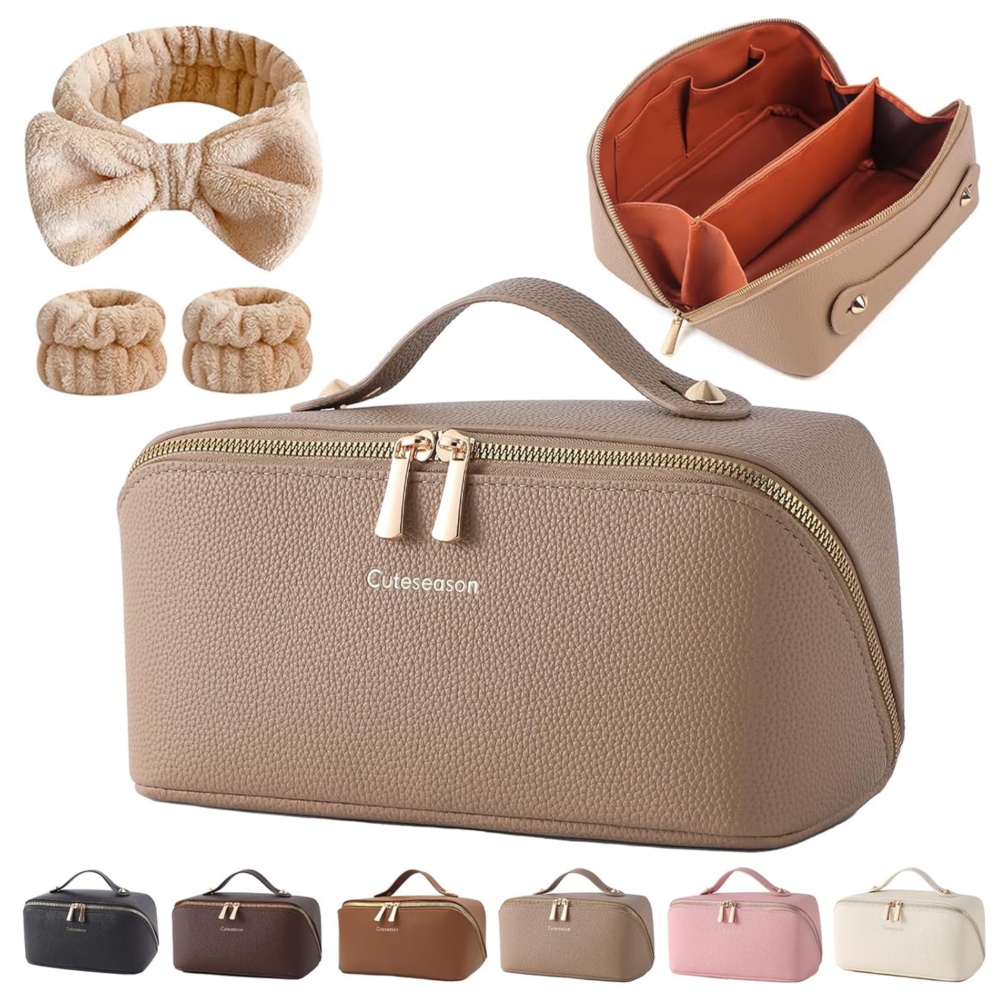 Makeup Bag, Travel Toiletry Bag for Women, Large Capacity Waterproof PU Leather Cosmetic Bags Make