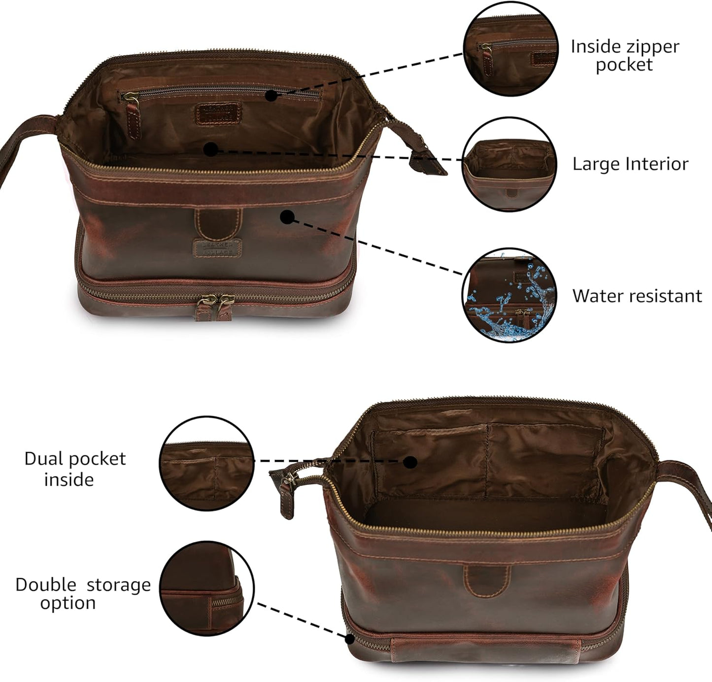 LEATHER VILLAGE Genuine Leather Dopp Kit – Large Travel Toiletry Bag with Waterproof Lining