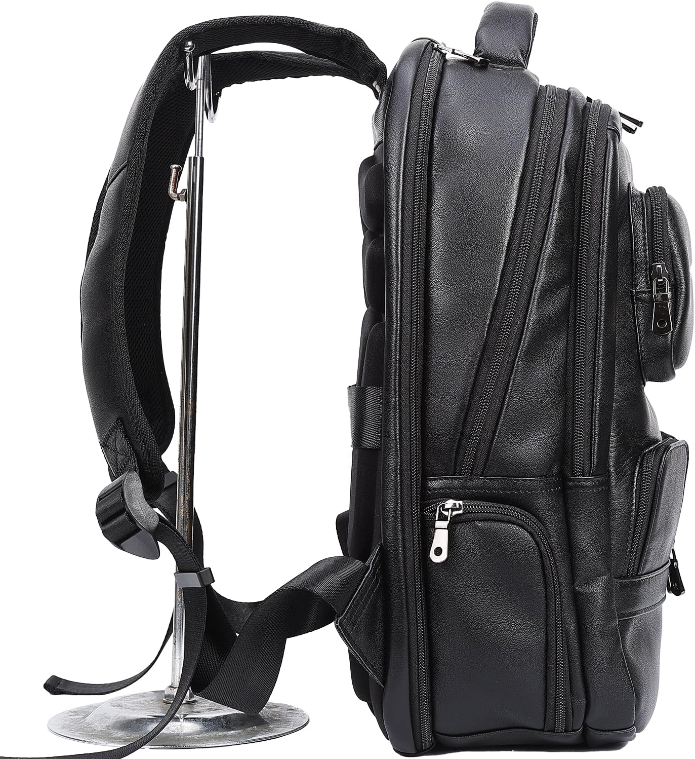 STAR VISTA 15.6" Raphael Calfskin Leather Laptop Backpack, Multi Pockets, Casual Outdoor Business Travel Rucksack, YKK Zippers, Black
