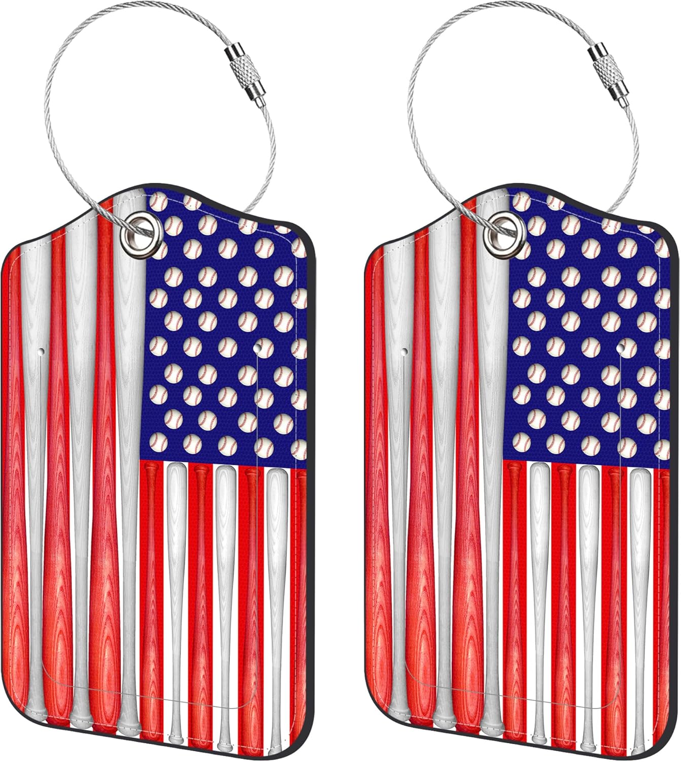 2 Pack Luggage Tags,Baseball American Flag PU Leather Idea Baggage Tag with ID Labels Privacy Cover Metal Ring Men and Women Travel Bag Labels