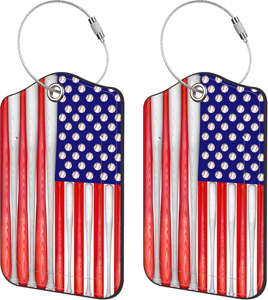 2 Pack Luggage Tags,Baseball American Flag PU Leather Idea Baggage Tag with ID Labels Privacy Cover Metal Ring Men and Women Travel Bag Labels
