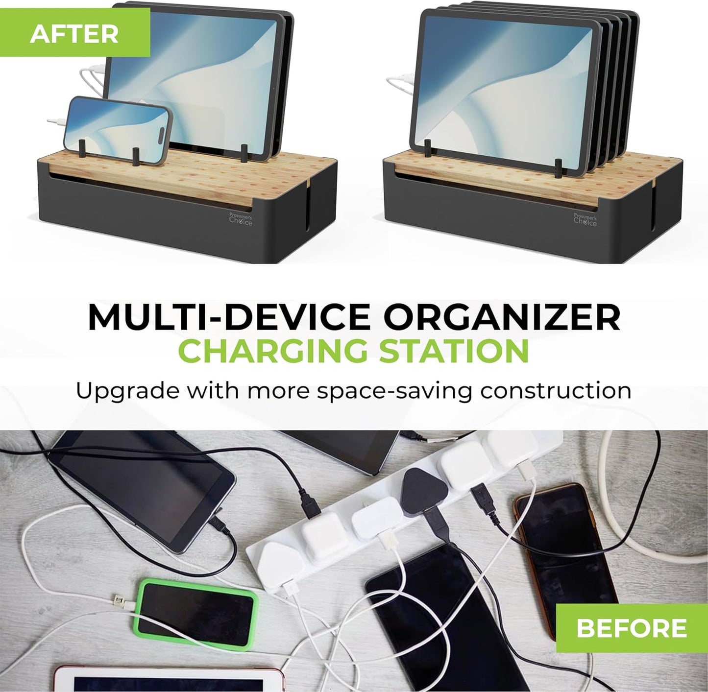Prosumer's Choice Black Wooden Charging Station Organizer for Multiple Devices - Cable Management Box with 5 Slots and Removable Dividers - Charger Organizer for Phone, Tablet, Home, Office, 12"x6"x7"