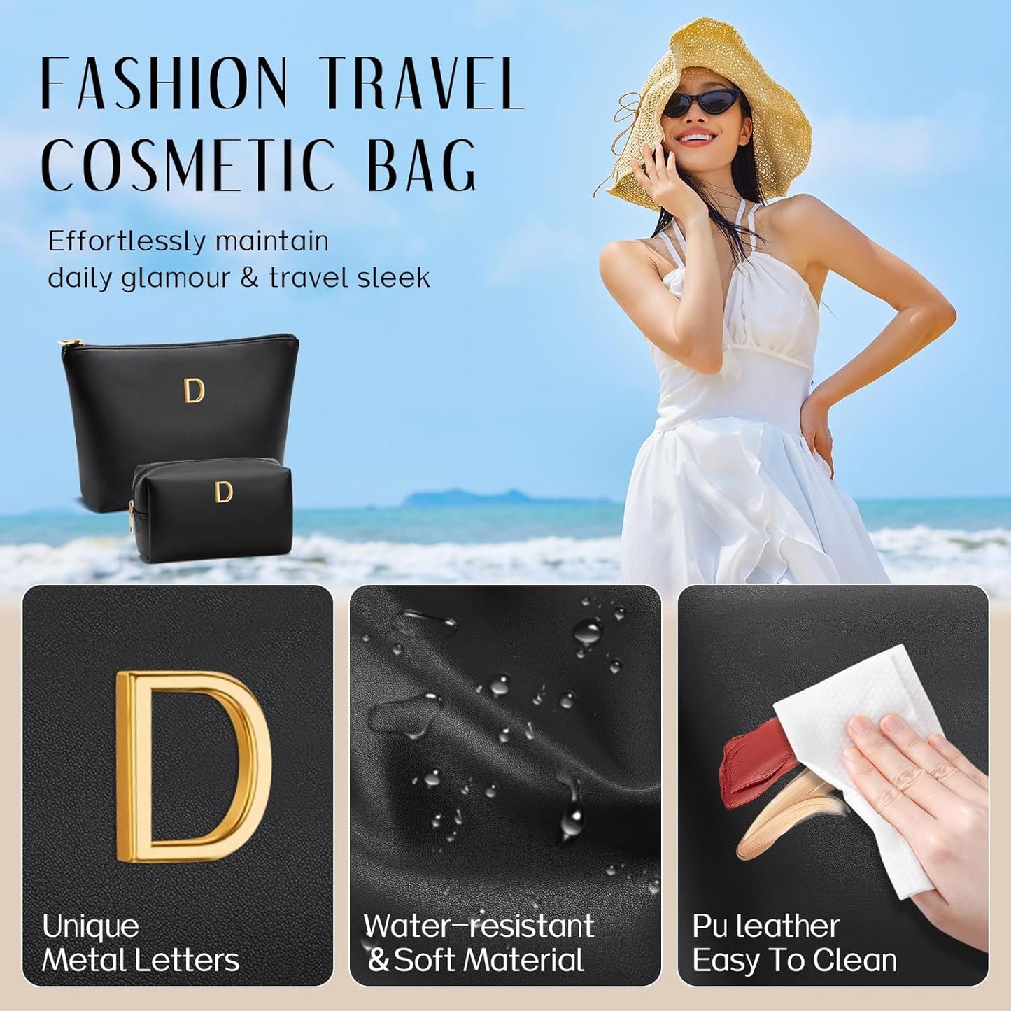 Women Gifts | Initial Makeup Bag Set for Girl Personalized Gifts for Bridesmaid Friend Graduation Teachers PU Leather Cosmetic Travel Toiletry Bag(Black,D)