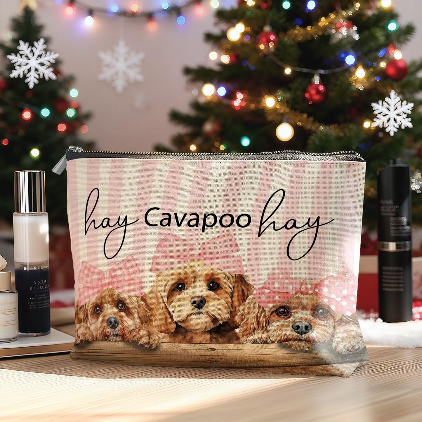 Coquette Pink Bow Cavapoo Makeup Bag Gifts for Women, Preppy Cavapoo Cosmetic Bag, Girly Cute Dog