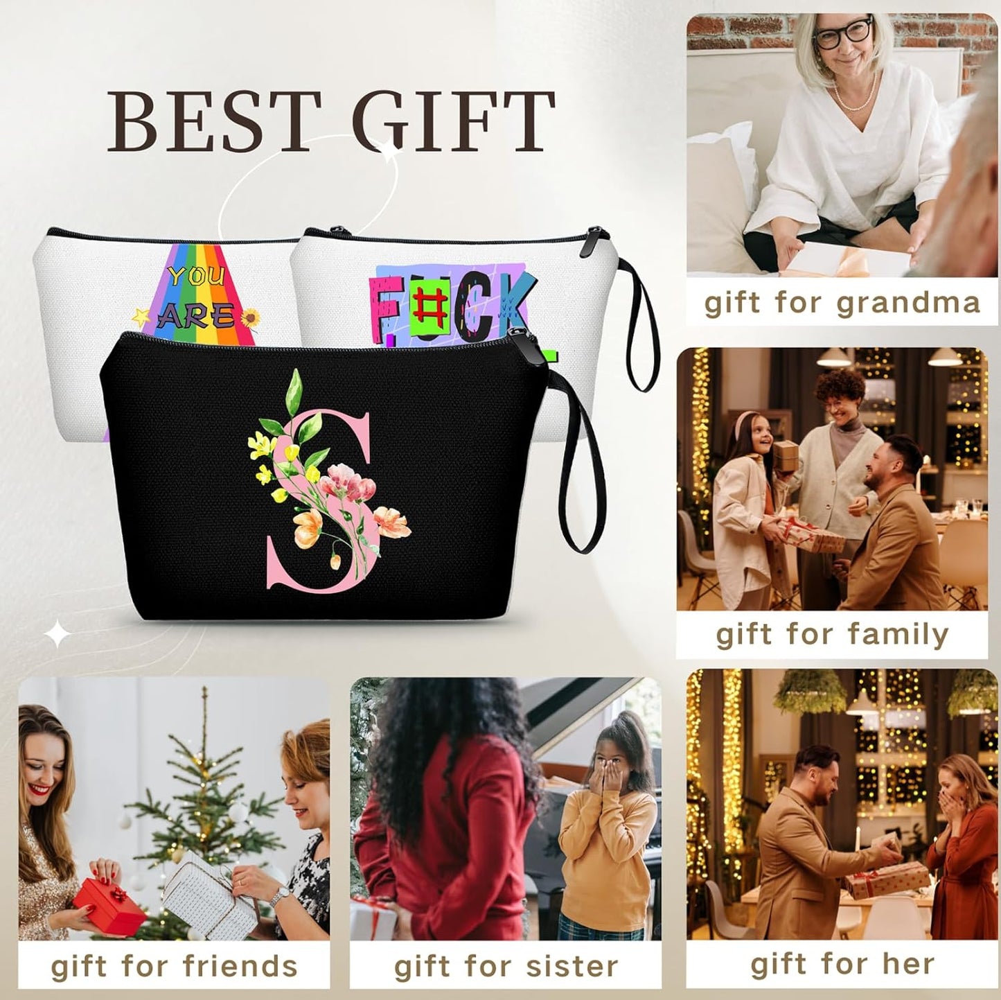 SEAMOON Birthday Bridal Shower Unique Initial Gifts for Women Mom Sister Daughter Friend Bff Personalized Travel Makeup Cosmetic Bag with Mirror Valentines Mothers Day Christmas Graduation S