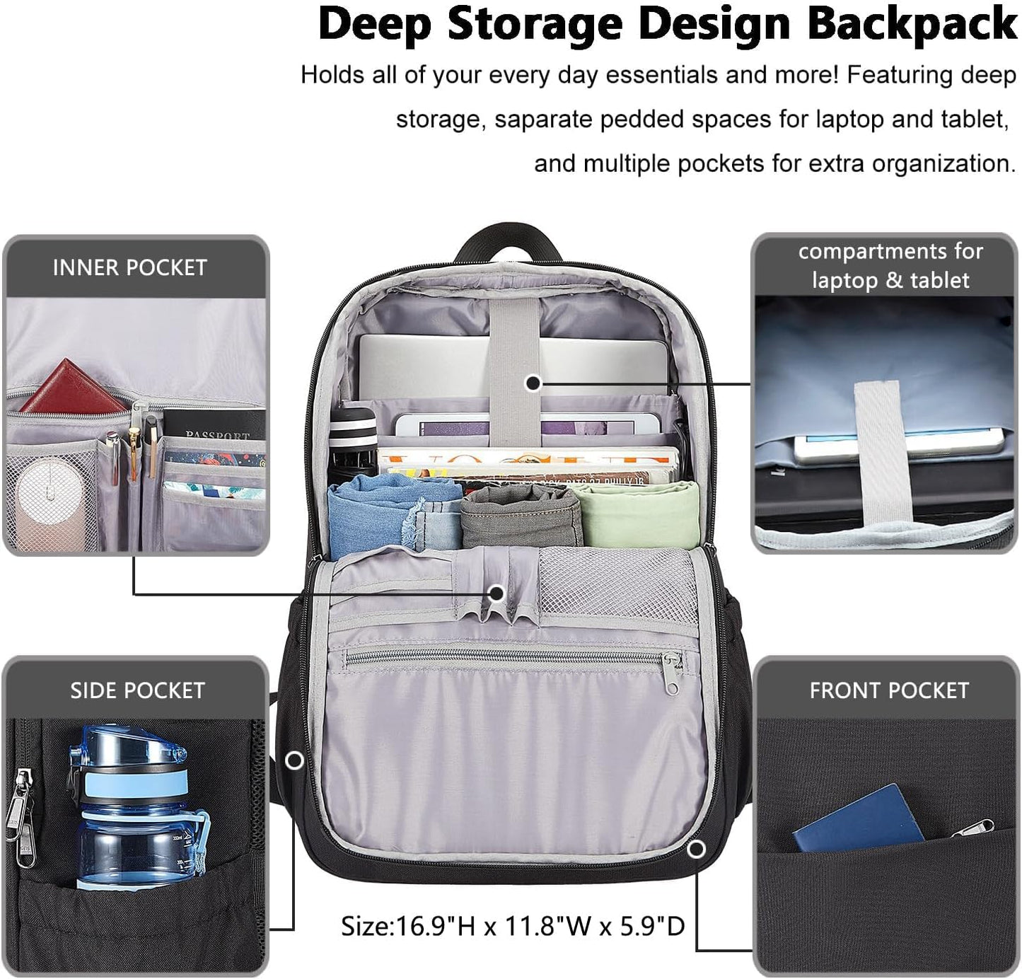 MAXTOP Deep Storage Laptop Backpack with USB Charging Port[Water Resistant] College Computer Bookbag Fits 15 Inch Laptop Black