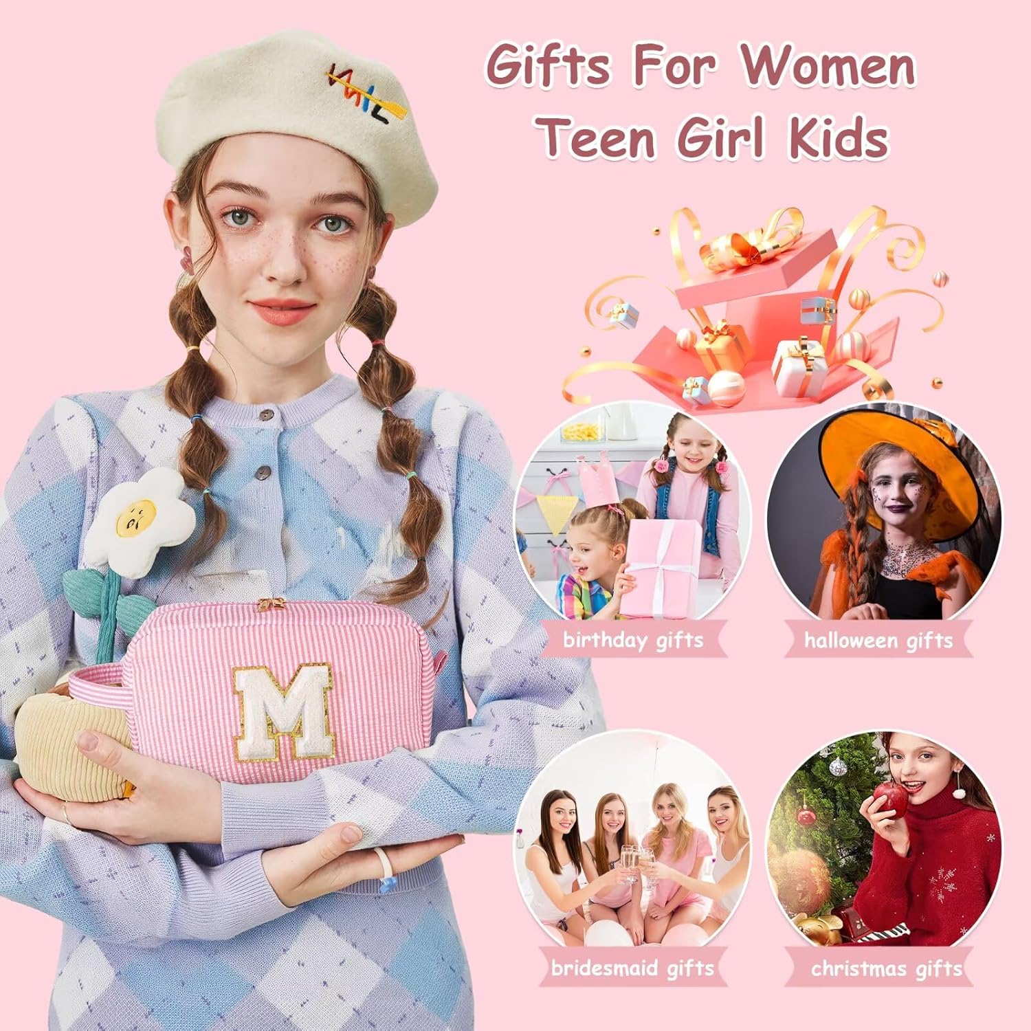 YOOLIFE Makeup Bag for Women - Monogram Cute Initial Pink Makeup Bags Cosmetic Toiletry Pouch Make