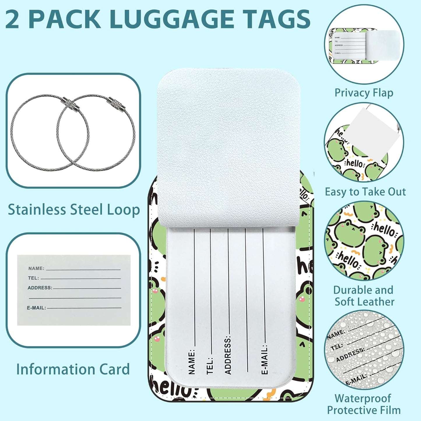 2 Pack Cute Luggage Tag for Suitcases Cute Frog Leather Luggage Tags with Stainless Steel Loop Privacy Flap Name Tags,Men and Women Travel Bag Suitcase Tags