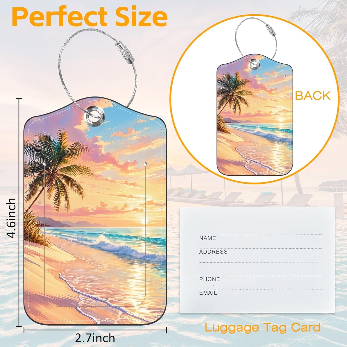 3 Pack PU Luggage Tags for Suitcase, Palm Trees Beach at Sunset Suitcase Tag Leather Privacy Cover ID Label with Stainless Steel Loop for Baggage Handbag School Bag Backpack