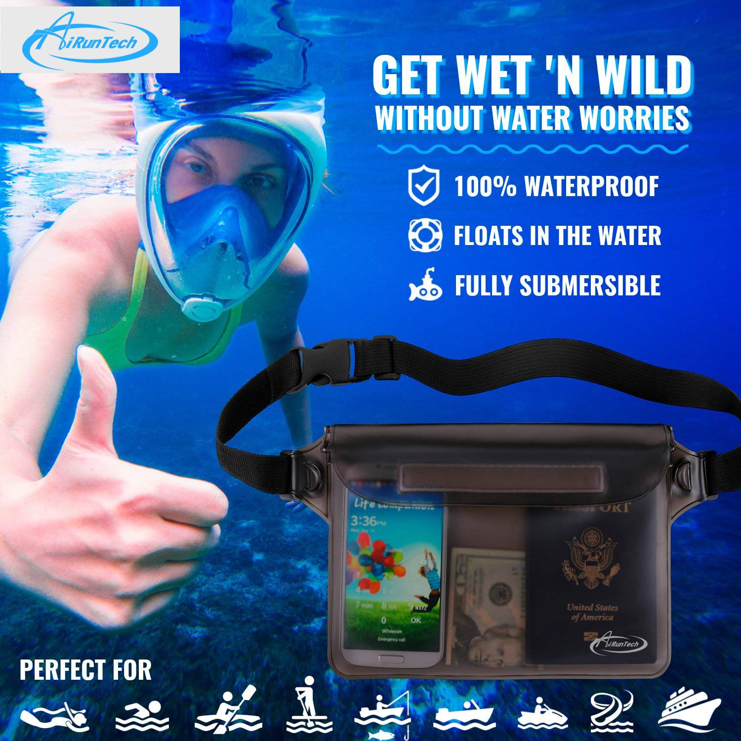 AiRunTech Waterproof Fanny Pack,Phone Pouch Dry Bag for Passport Wallet Purse,Floating Waterproof