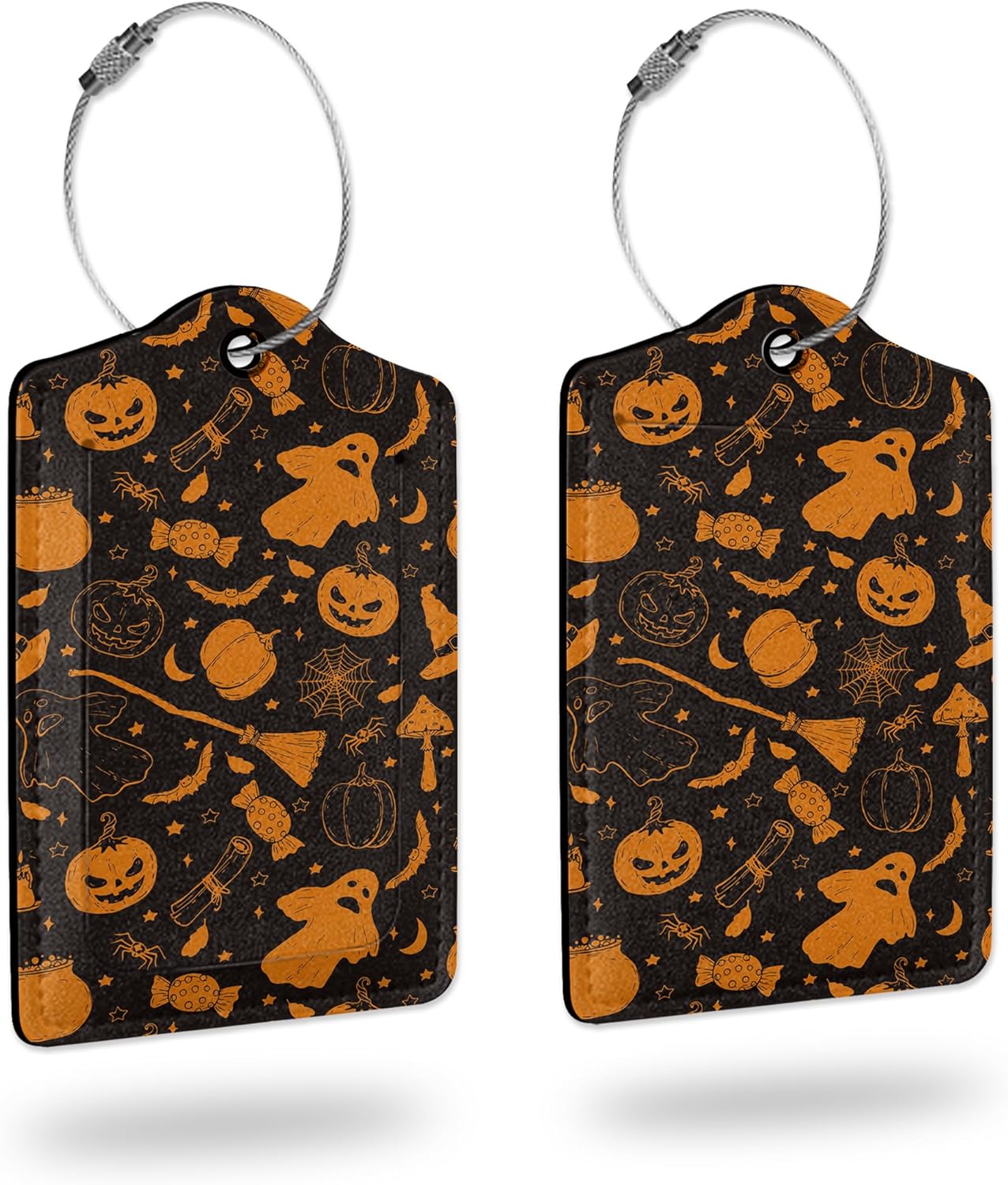 2 Pack Luggage Tags for Suitcases,Halloween Pumpkin Broom Candy Mushroom Bat Luggage Tag,Leather Stainless Steel Loop Label Tag for Women Men Girls Travel Bag Suitcase