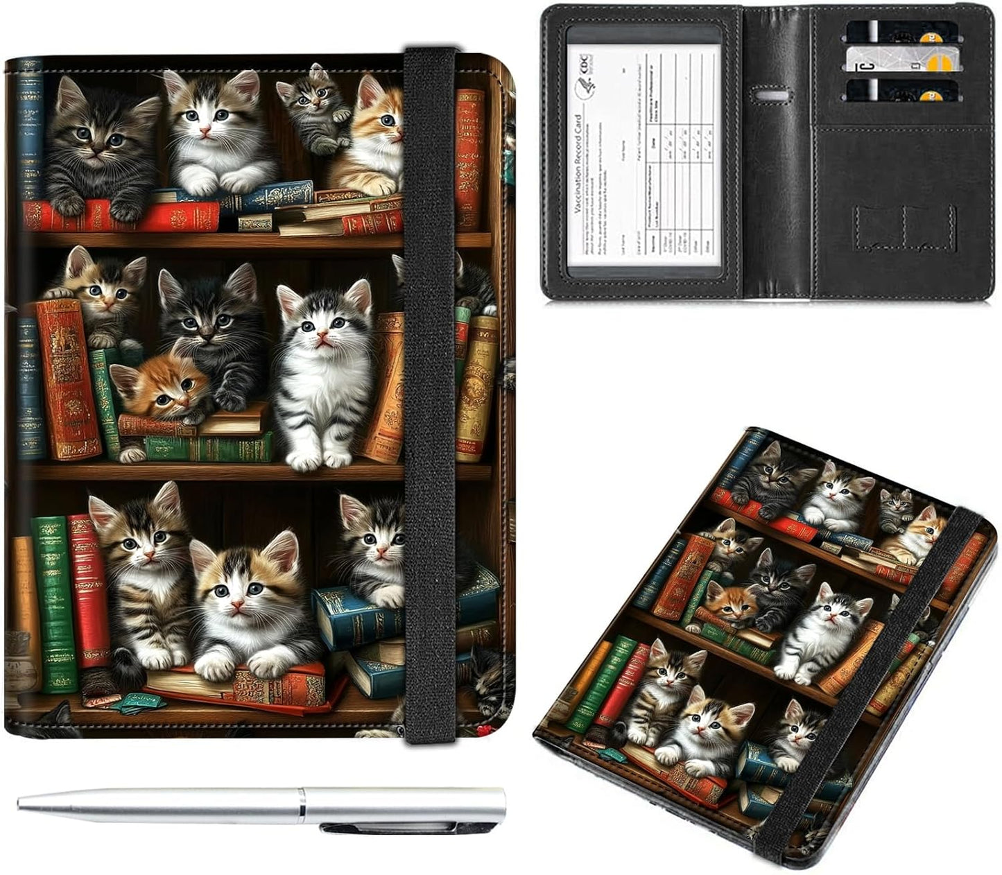 Passport and Vaccine Card Holder Cover Combo,Travel Passport Holder Wallet with RFID Blocking, Leather Vaccine Card Slot Passport Cover Case for Women & Men,Vintage Bookshelf and Cats
