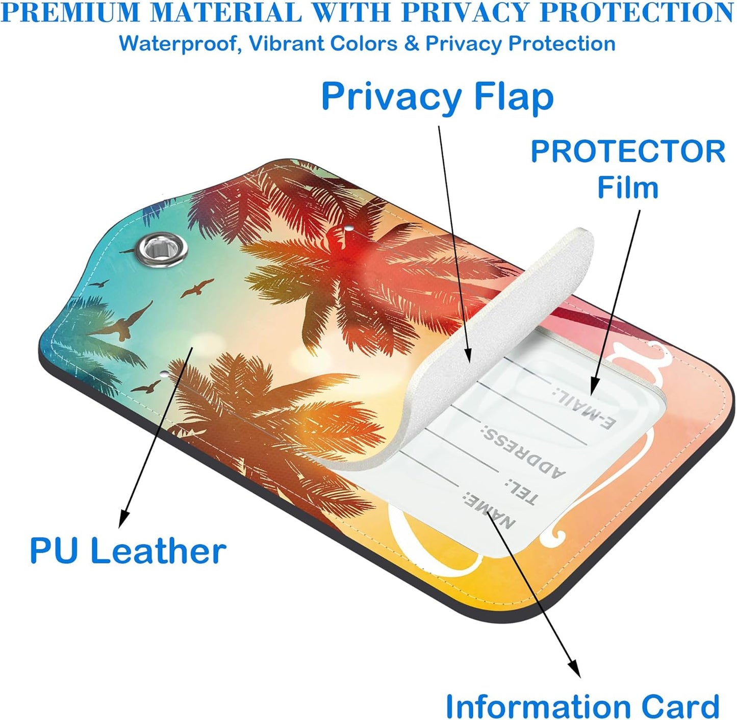 2 Pcs Luggage Tags for Suitcases, Summer Tropical Palm Leather Bag Tags for Luggage Privacy Cover Name ID Label with Stainless Steel Loop Cruise Airport Travel Essentials
