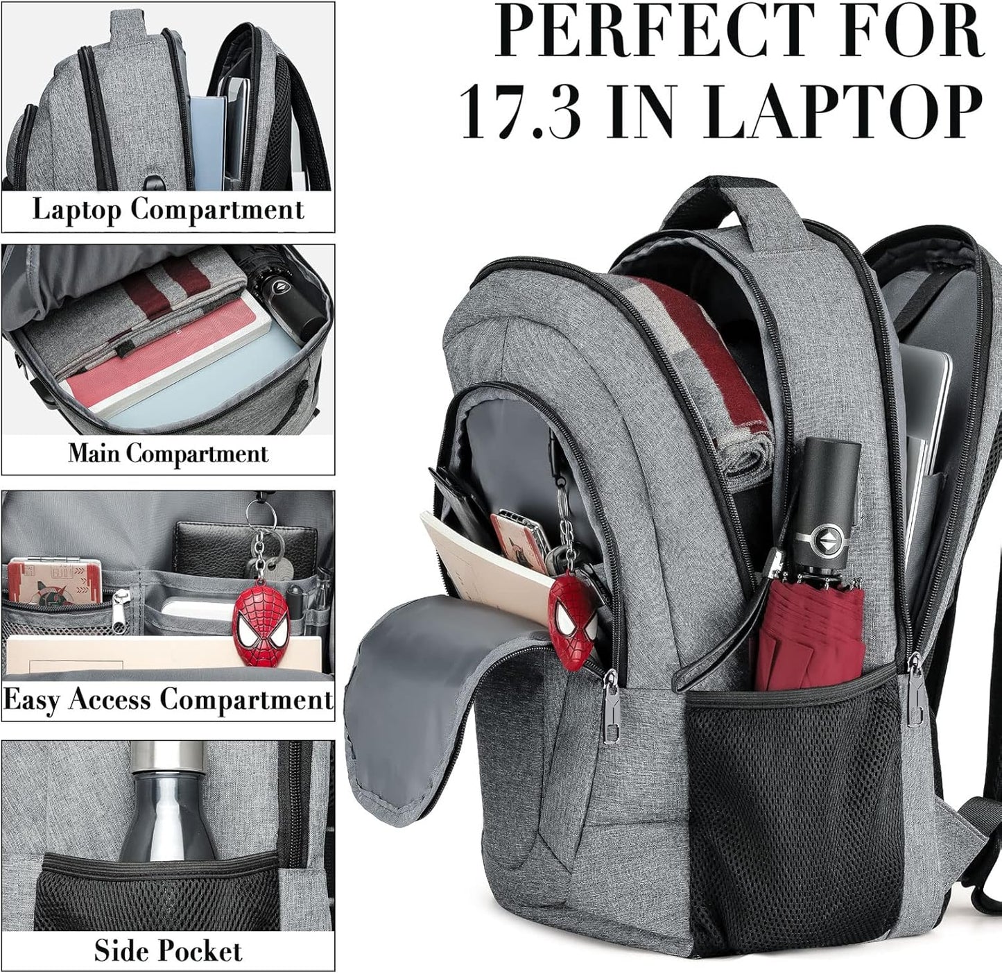 Travel Laptop Backpack, Backpacks for School College Teens, Business Anti Theft Slim Sturdy Backpack for Woman and Men with USB Charging Port, Adult Computer Work Backpack for 17 IN Laptop, Grey