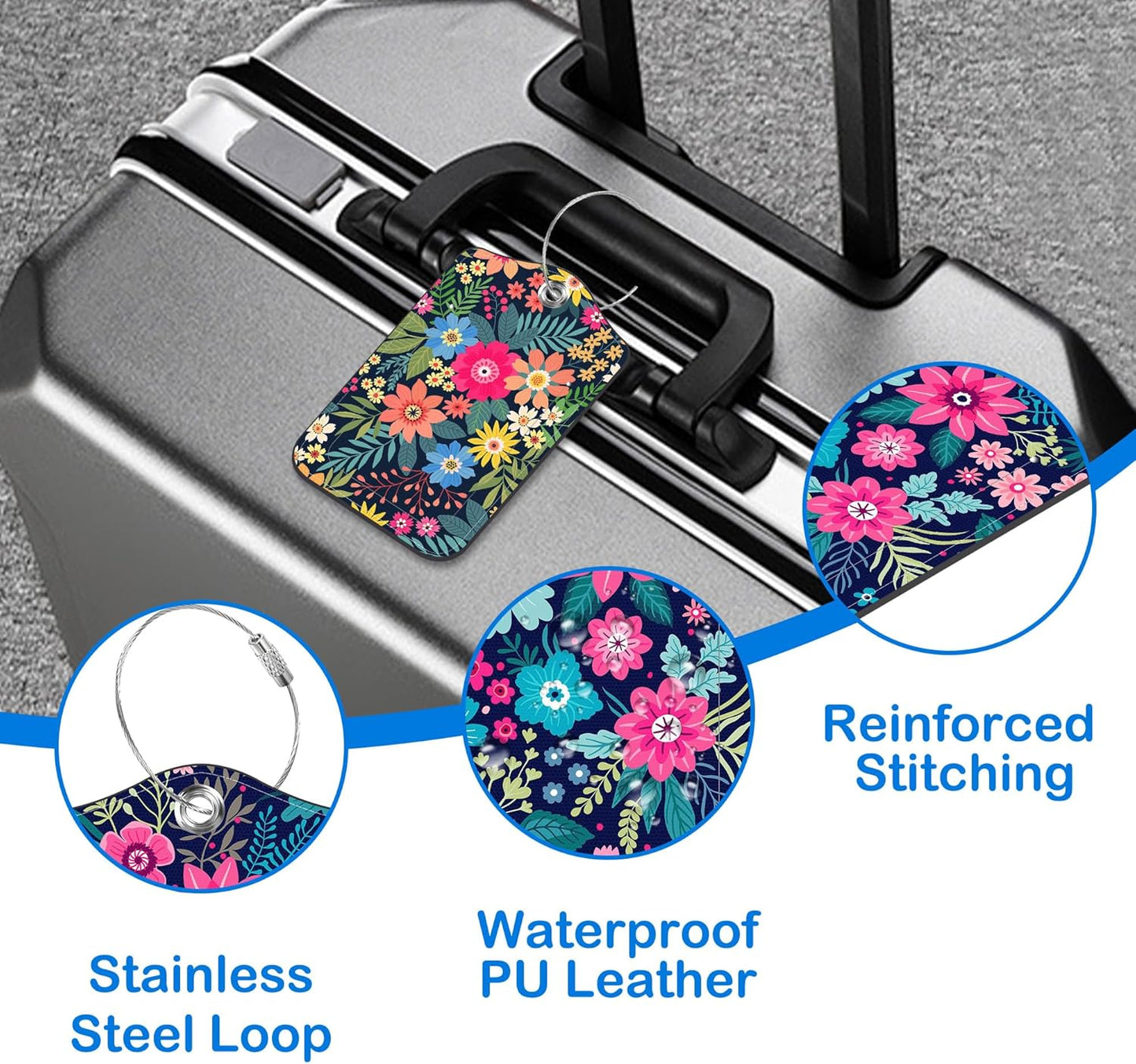 2 Pack Colorful Flowers and Leaves Luggage Tags PU Leather Suitcase Tags with Stainless Steel Loop Privacy Cover ID Label for Women Men Travel Bag Accessories
