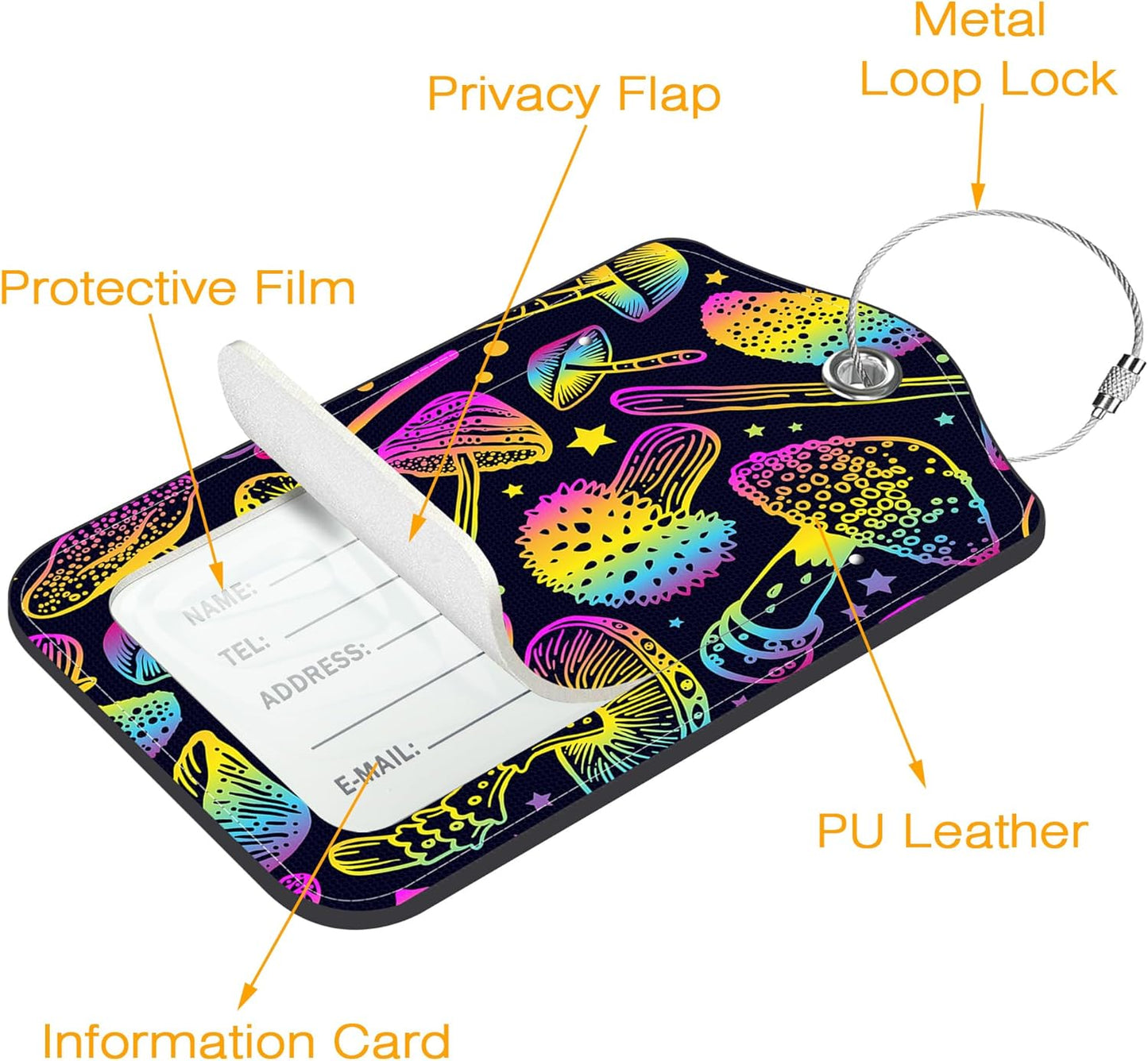 3 Pack Luggage Tag for Suitcase Colorful Mushrooms Leather Travel Cruise Luggage Tag with Stainless Steel Loop Name ID Label Privacy Cover for Adults Teens Travel Bag Labels Set